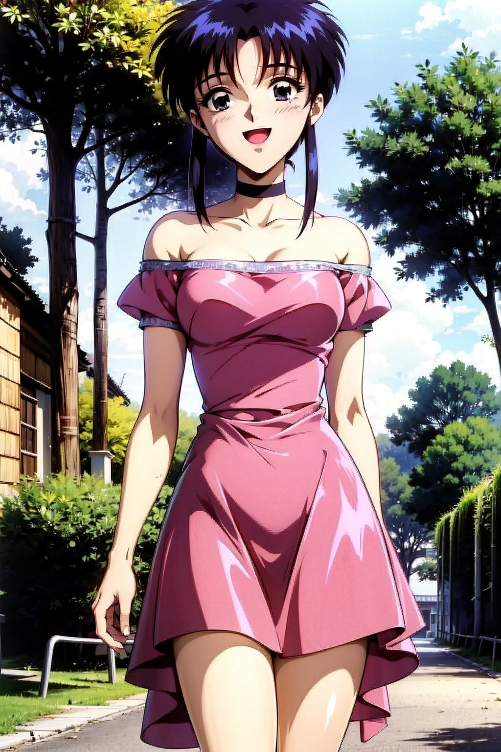 random acction, beautiful girl wearing majestic tulle ruffle dress, pink, bubble sleeves, lace, choker, 18 year old woman, long curly hair, slim body, happy look, thin shoulders, long torso, long legs, wide open mouth, shyly smile, Moist eyes, gentle eyes, anime_screencap 