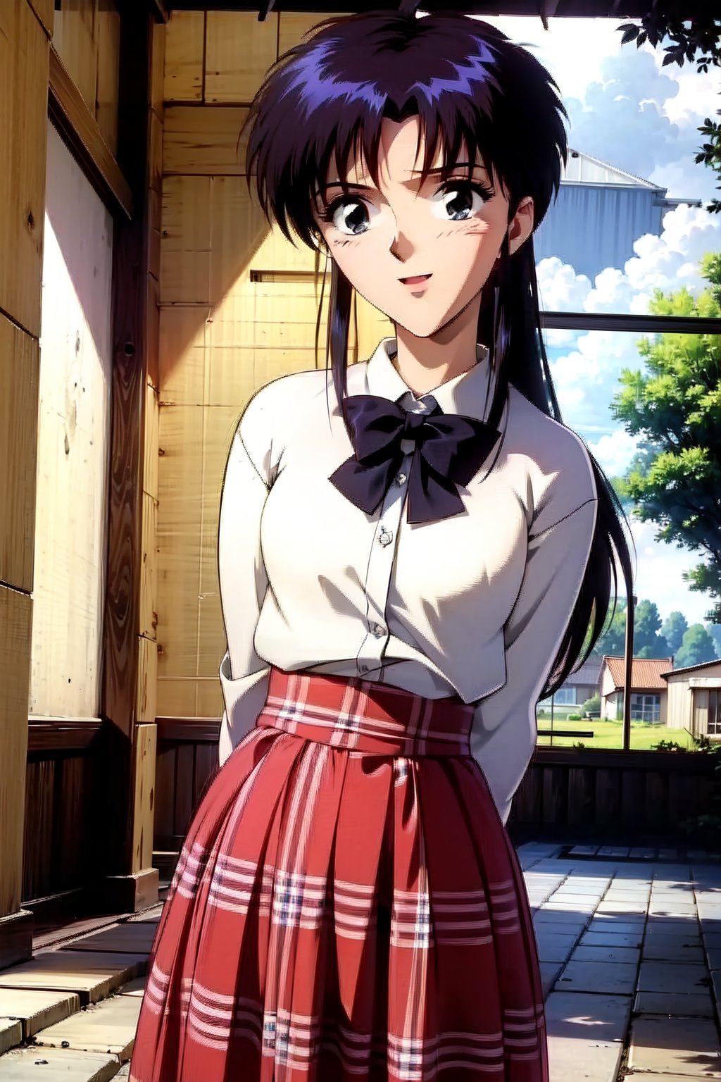 hd, solo, happy, long hair, skirt, shirt, dress, (((bow))), ribbon, white shirt, signature, bowtie, plaid, no humans, black bow, arms behind back, black bowtie, plaid dress