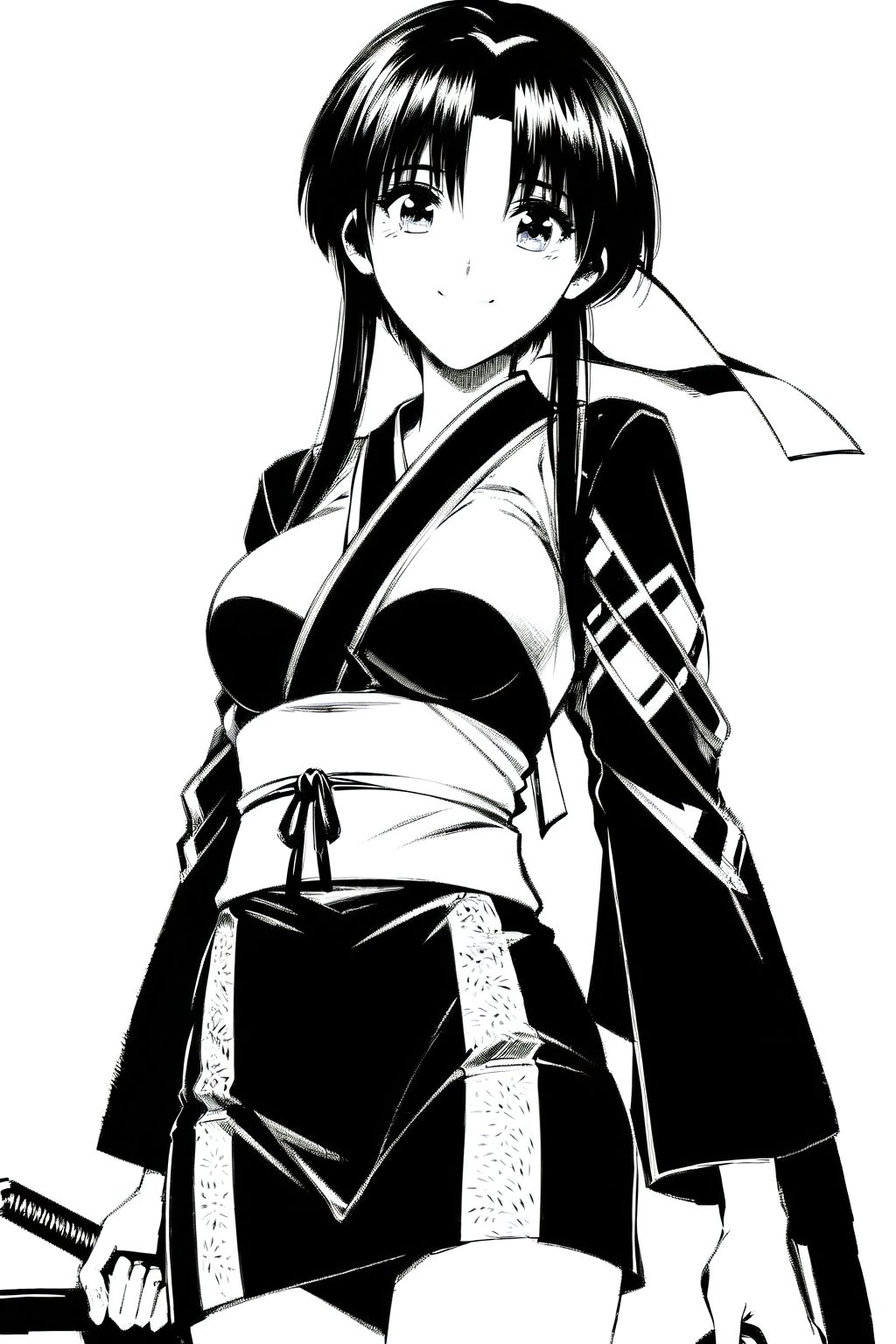 masterpiece, best quality, (solo:1.3),1girl, ninja uniform, tomboy, long neck, oval face, black_hair, sword_hair_clips, short_hair_with_long_locks, beautiful eyes:1.2, looking_at_viewer, medium_breast, seductive smile, slender body, legs focus, monochromatic