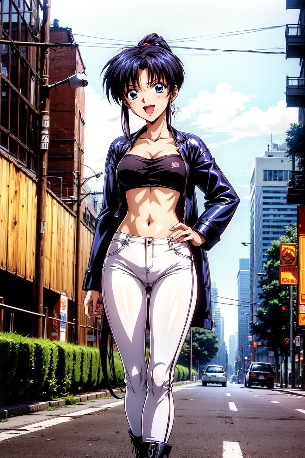 In a futuristic cityscape, Kamiya Kaoru stands out in her striking cyberpunk attire. The slender girl sports thick fitness legs and black long hair tied in a ponytail, with two thin locks framing her face over her ears. Her blue eyes sparkle as she shyly smiles, her open mouth inviting curiosity. Clad in a black cyberpunk coat, neon cyberpunk_ninja_pants, and boots, Kaoru's hands rest on her hip as she gazes to the side, exuding dynamic energy. The cityscape in the night behind her serves as a vibrant backdrop for this stunning 4K, high-resolution image.