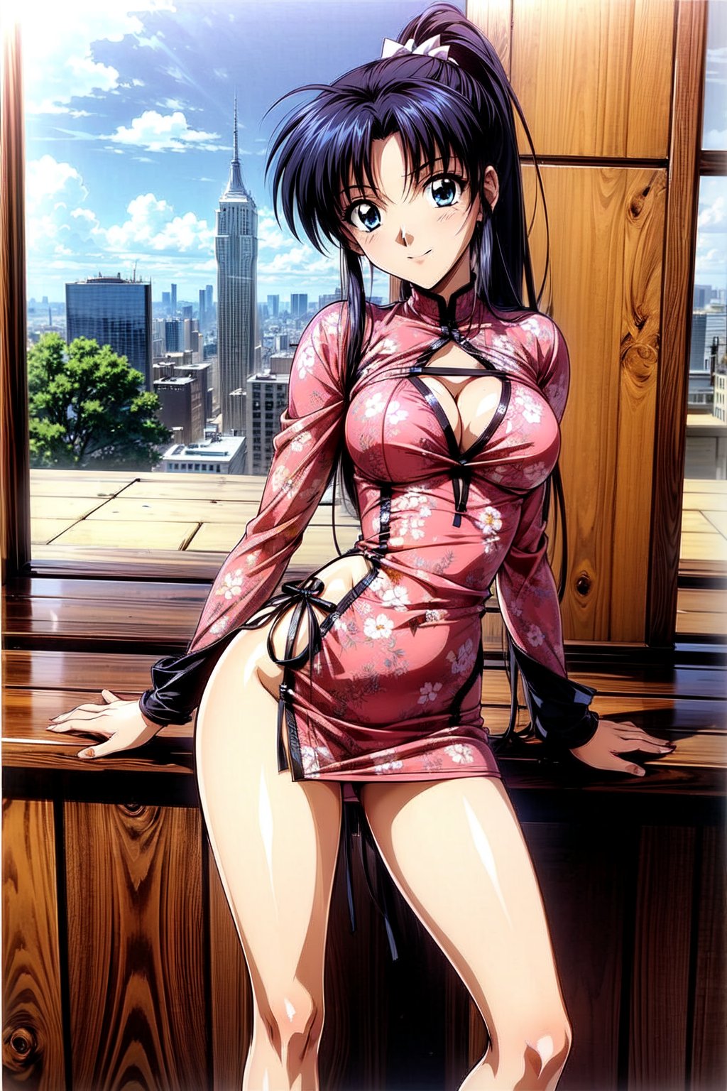 In a vibrant cityscape background, Kamiya Kaoru stands solo, exuding a sense of confidence and shyness simultaneously. Her slender figure is accentuated by her thick fitness legs, clad in flirty floral dress with loose sleeves and low sandals adorned with bows. Her long black hair is tied in a ponytail, with two thin locks framing her face over her ears. Her bright blue eyes sparkle as she shyly smiles, gazing off to the side in a dynamic pose that draws attention to her toned legs. Her hands rest on her chest, adding a touch of modesty to her captivating presence. The high-resolution image is rendered in stunning 4K quality, showcasing every detail of Kaoru's enchanting beauty.