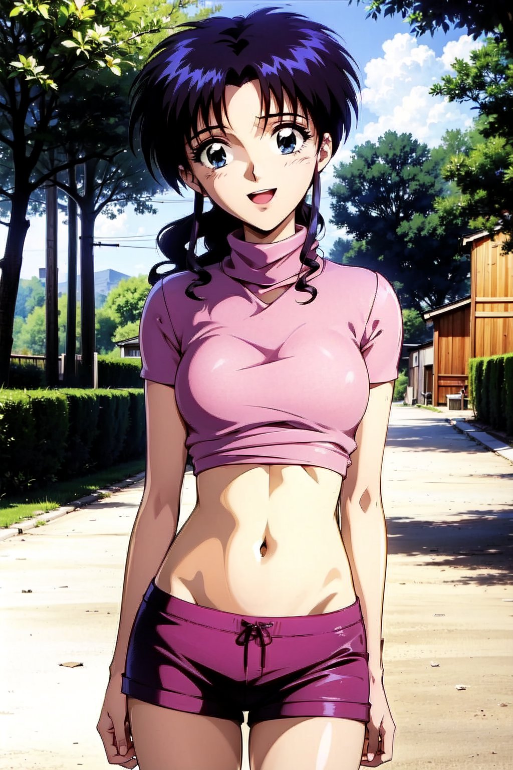 random acction, beautiful girl wearing turtleneckshirt, pink,  (ruffle_shorts), dojikko pose, , 18 year old woman, ribbonhair blue eyes, long curly hair, slim body, happy look, thin shoulders, (long torso), long legs, wide open mouth, shyly smile, Moist eyes, gentle eyes, anime_screencap 