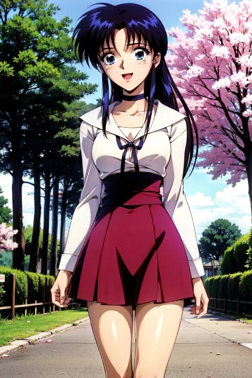 random acction, beautiful girl wearing Eyelet blouse, pink, lace sleeves,  (highschool_skirt), dojikko pose, choker, 18 year old woman, blue eyes, long curly hair, slim body, happy look, thin shoulders, long torso, long legs, wide open mouth, shyly smile, Moist eyes, gentle eyes, anime_screencap 