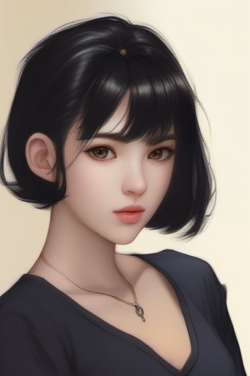 1girl, solo, looking at viewer, short hair, simple background, black hair, upper body, black eyes, lips, buttons, arms behind back, realistic