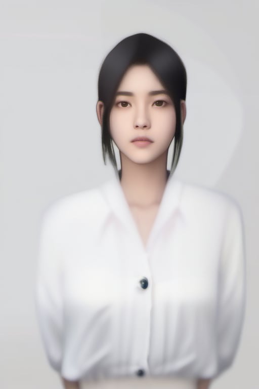 1girl, solo, looking at viewer, short hair, simple background, black hair, upper body, black eyes, lips, buttons, arms behind back, realistic