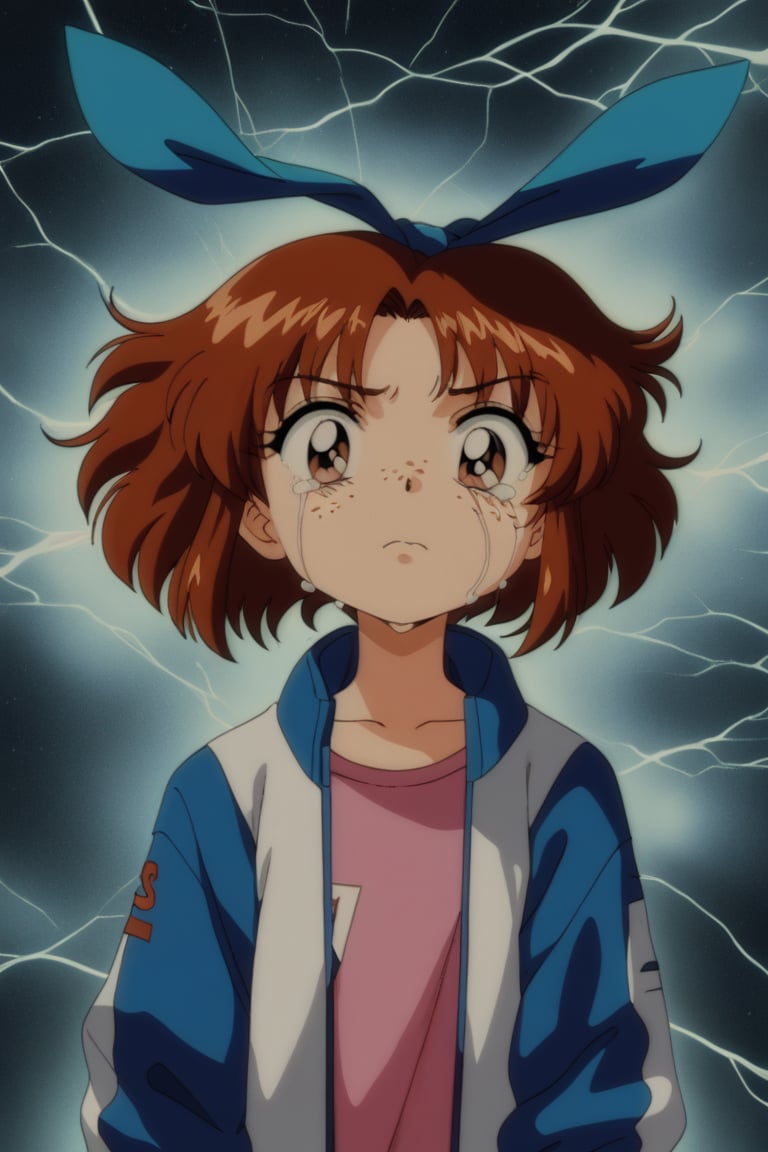 Improve the detail, texture, quality, and color of your photos and illustrations while minimizing the effect on the composition.
Young girl, reddish brown hair, brown eyes, pink undershirt, white jacket with turquoise sleeves, blue hair bow, sunburned skin, void between dimensions, darkness, freckles on the face, VINTAGE ANIME, RETRO ARTSTYLE, ANIME SCREENCAP, crying and fear.