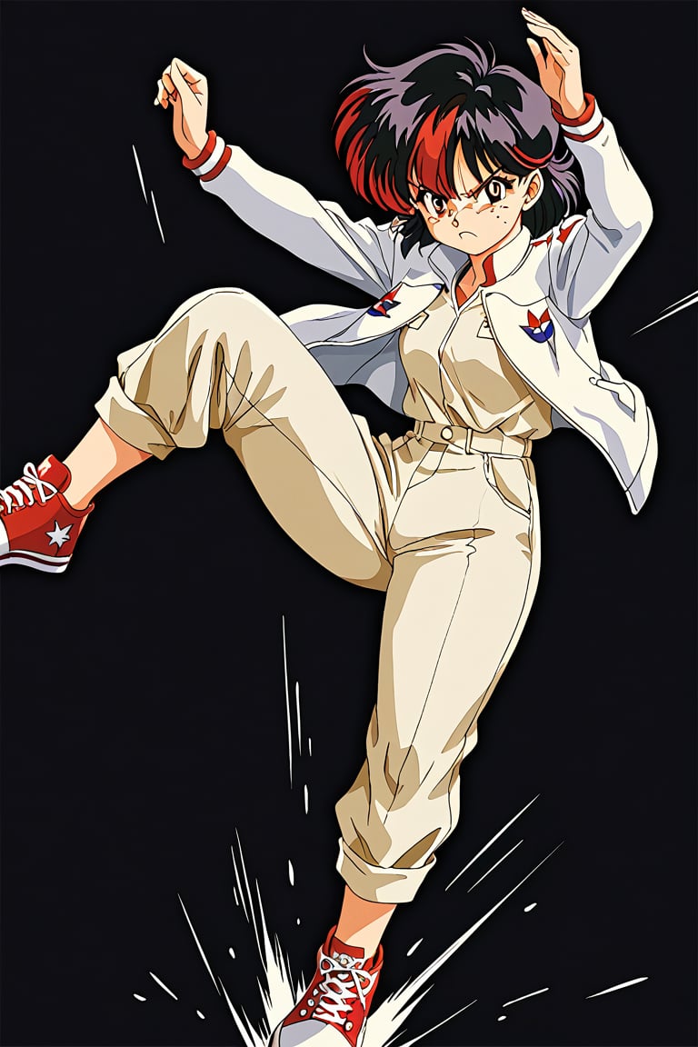 action lines, face of disappointment, slightly angry, black background, Japanese-Irish girl, black hair with red highlights, brown eyes, freckles, light skin, white jacket with red sleeves, khaki pants, red converse tennis shoes.

texture, quality, and color of your photos and illustrations while minimizing the effect on the composition.
Retro anime, Vintage, retro_style,