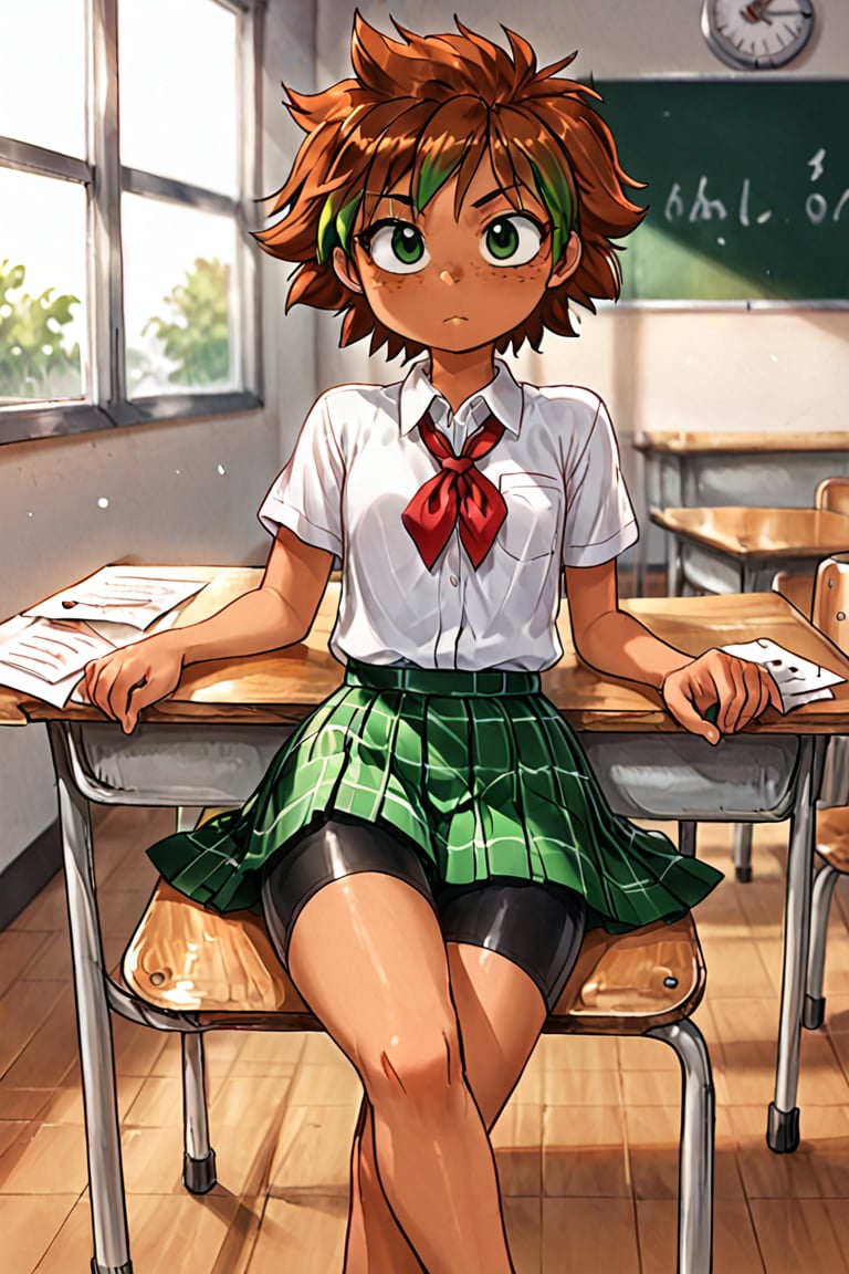 action lines, face of disappointment, very boring, Classroom, school table, Short hair, School uniform, white polo shirt, short green plaid skirt, Black bike shorts under the skirt.

Helia, 1 girl, young girl, reddish brown hair with green highlights, dark green eyes, freckles, latina, Sunburned skin, brown skin, crossed legs, legs resting on the table, throwing a paper plane,

texture, quality, and color of your photos and illustrations while minimizing the effect on the composition.