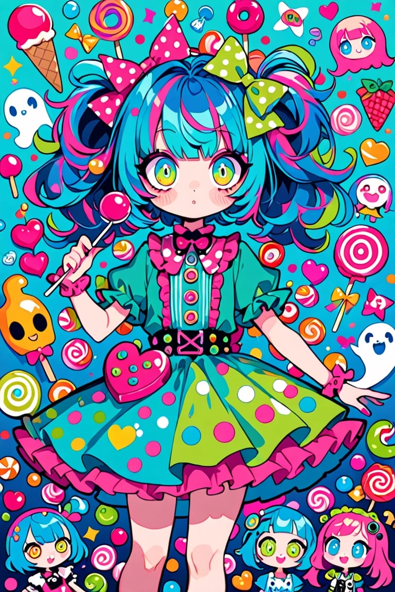 children's doodle style,
Colorful pop art, candy pop, lollipop punk, brightly colored berry beans, emo pink lolita girl,big Eyes,A dress made of jelly and ice cream,
 maximalism designemo,dal-6 style,Color Splash
Ghost Girl, Green Dress, Blue Hair, Simile