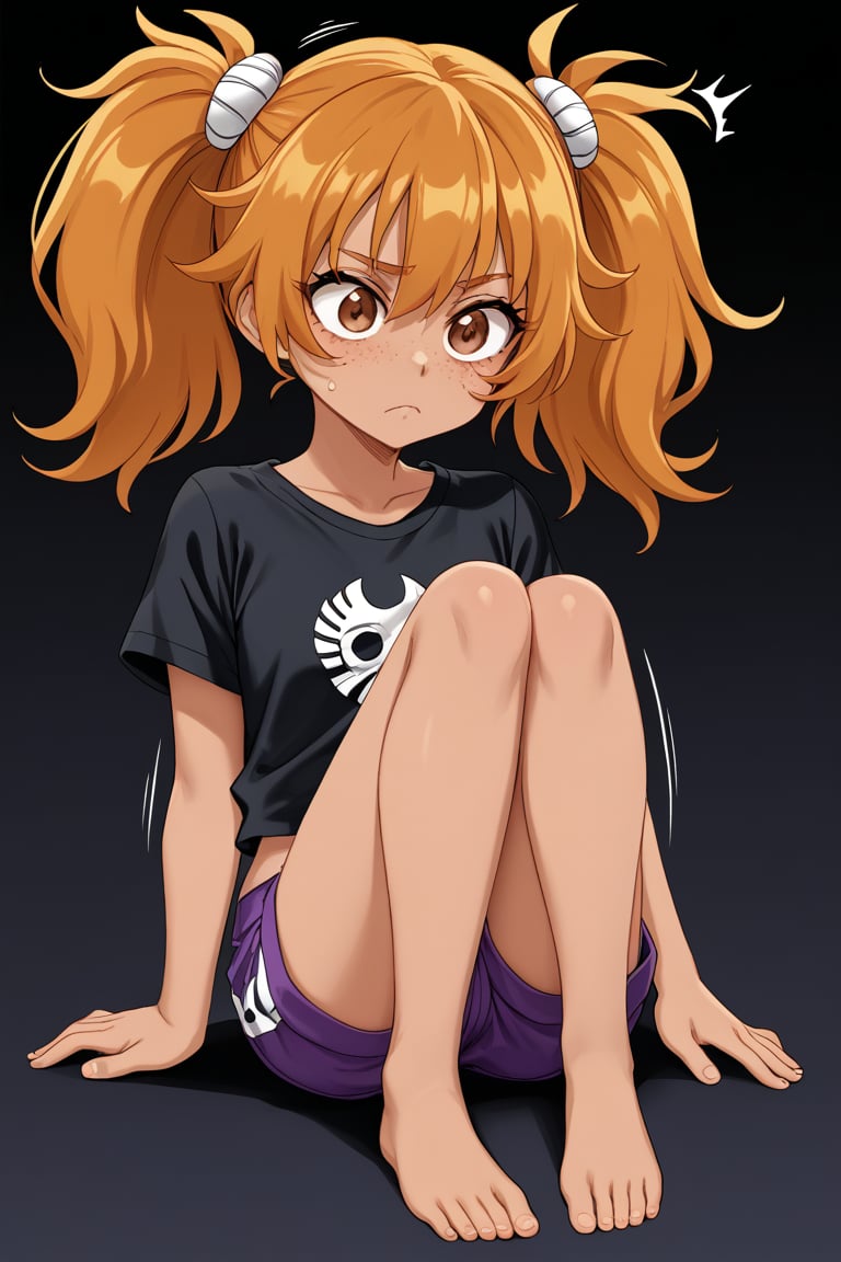 action lines, annoying, face of disappointment, black background, short purple shorts, short black top,

1 girl, teenage girl, sunburned skin, brown skin, brown eyes, freckles, Latina, badly tanned, natural brown hair bleached to yellowish green, legs crossed, full body, sitting,

Create a detailed character with greenish blonde hair styled into two high, voluminous pigtails, each one flaring outward with a lot of fluff and shape. The pigtails should be wide, exaggerated, and playful, resembling the style seen in animated characters, short pigtails,

texture, quality, and color of your photos and illustrations while minimizing the effect on the composition.