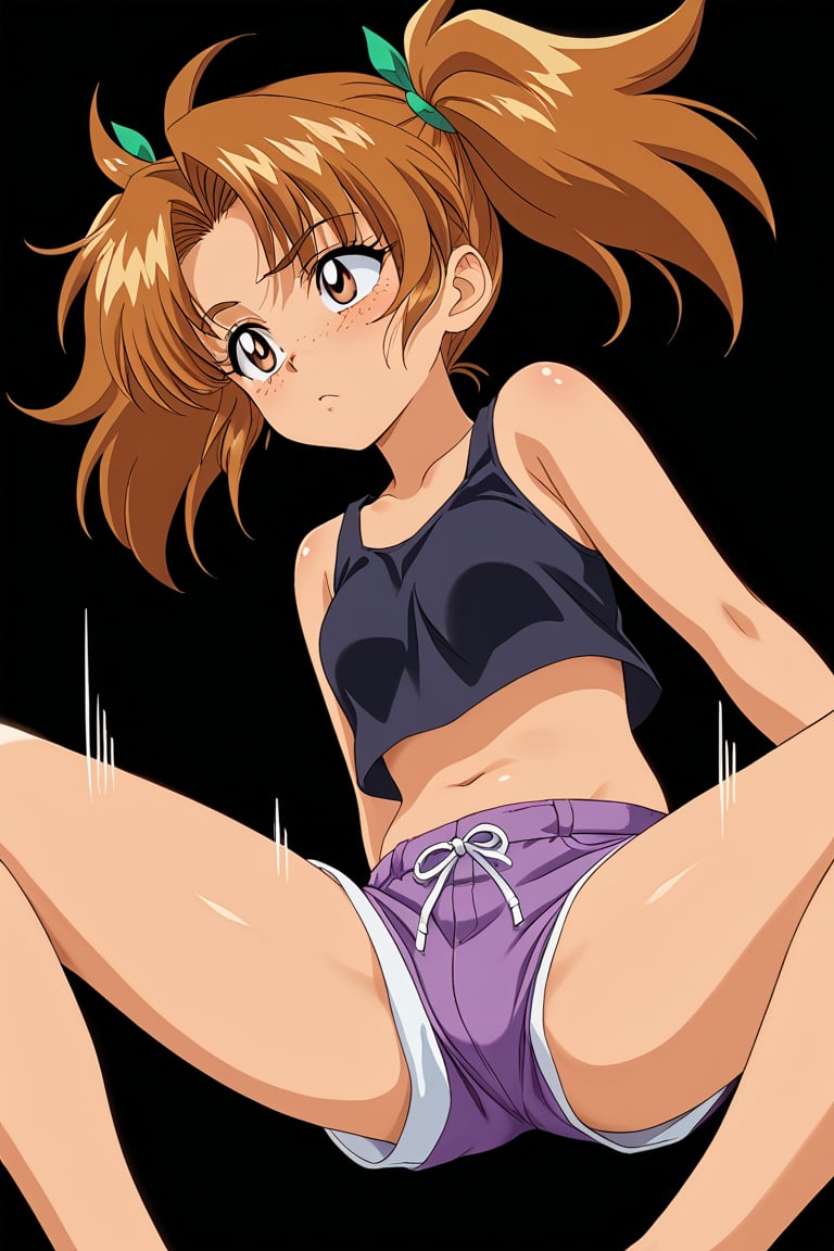 action lines, slightly annoying, face of disappointment, black background, short purple shorts, short black top,

1 girl, teenage girl, sunburned skin, brown skin, brown eyes, freckles, Latina, badly tanned, white skin under clothes, natural brown hair bleached to yellowish green,

Create a detailed character with greenish blonde hair styled into two high, voluminous pigtails, each one flaring outward with a lot of fluff and shape. The pigtails should be wide, exaggerated, and playful, resembling the style seen in animated characters,

texture, quality, and color of your photos and illustrations while minimizing the effect on the composition.

Retro Anime, Vintage Style,