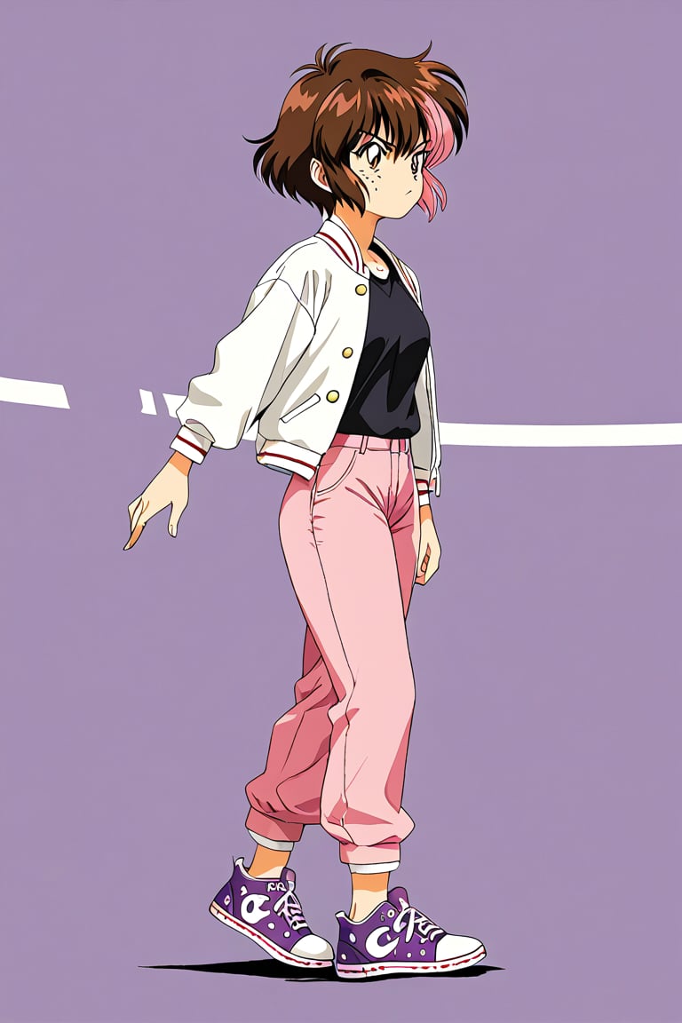 action lines, face of disappointment, slightly angry, Black and magenta mixed background, Japanese-Irish girl, Short hair, Brown hair with pink highlights, brown eyes, freckles, light skin, white jacket with pink sleeves, khaki pants, purple converse tennis shoes, black undershirt,

texture, quality, and color of your photos and illustrations while minimizing the effect on the composition.
Retro anime, Vintage, retro_style,
