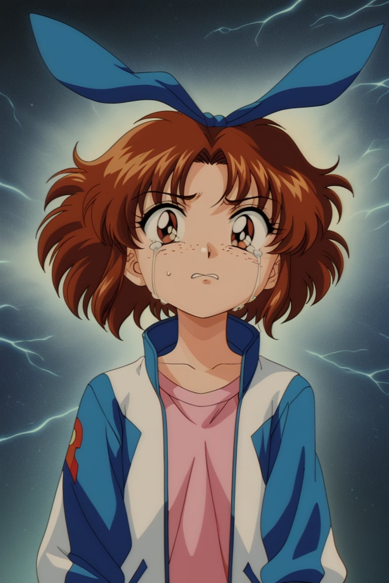 Improve the detail, texture, quality, and color of your photos and illustrations while minimizing the effect on the composition.
Young girl, reddish brown hair, brown eyes, pink undershirt, white jacket with turquoise sleeves, blue hair bow, sunburned skin, void between dimensions, darkness, freckles on the face, Vintage Anime, Retro Artstyle, Anime Screencap, crying and fear,