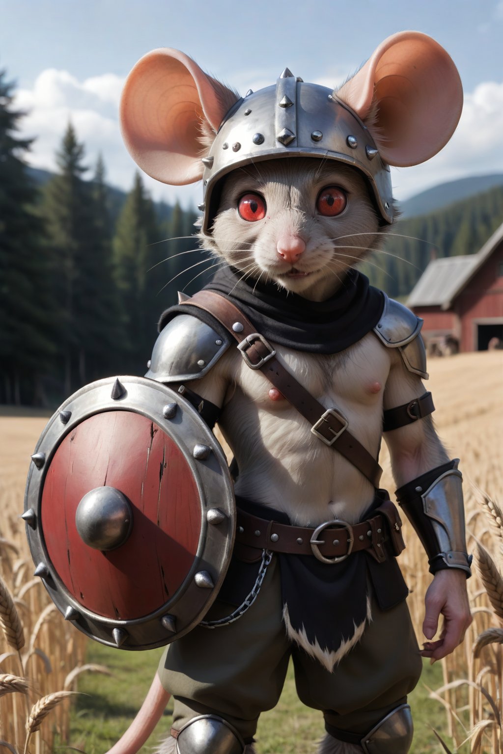 solo,looking at audience,red eyes,1boy,animal ears,standing,male focus,shabby house,day animal,furry,snow,1 other,colored sclera,mouse ears,vambrace,furry male,mouse tail ,rat,beard,year rat's,shield,spiked ball and chain,helmet, horned helmet,wheat field,summer festival