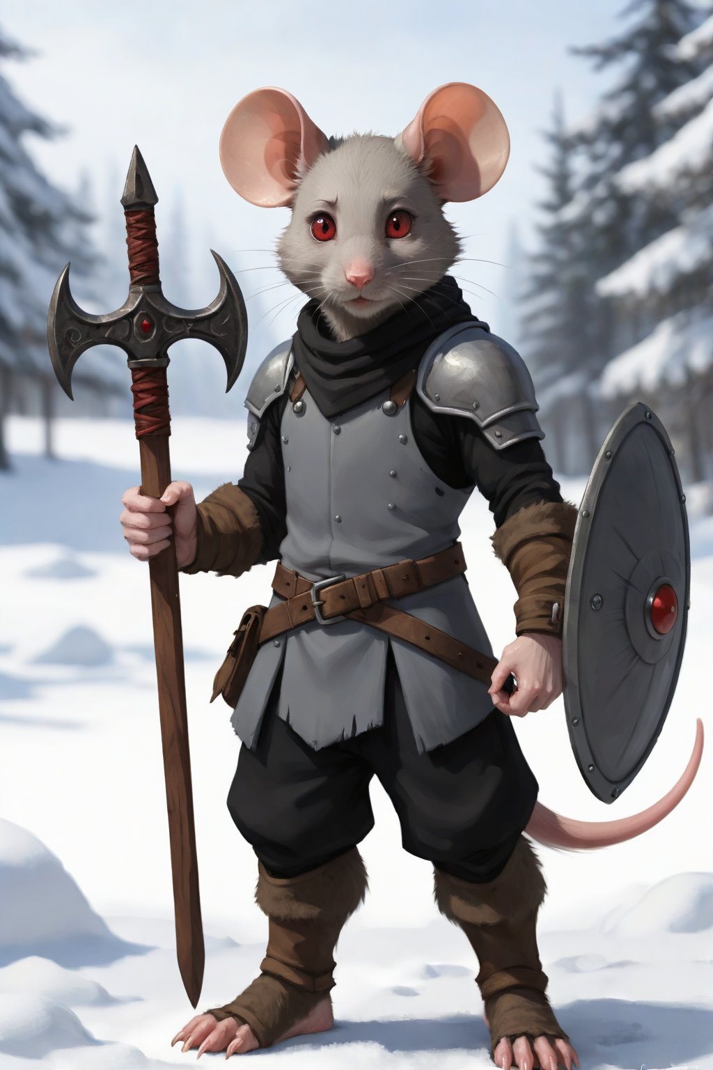 solo,looking at audience,red eyes,1boy,animal ears,standing,male focus,shabby house,day animal,furry,snow,1 other,colored sclera,mouse ears,vambrace,furry male,mouse tail ,rat,beard,year rat's
,shield,weapon