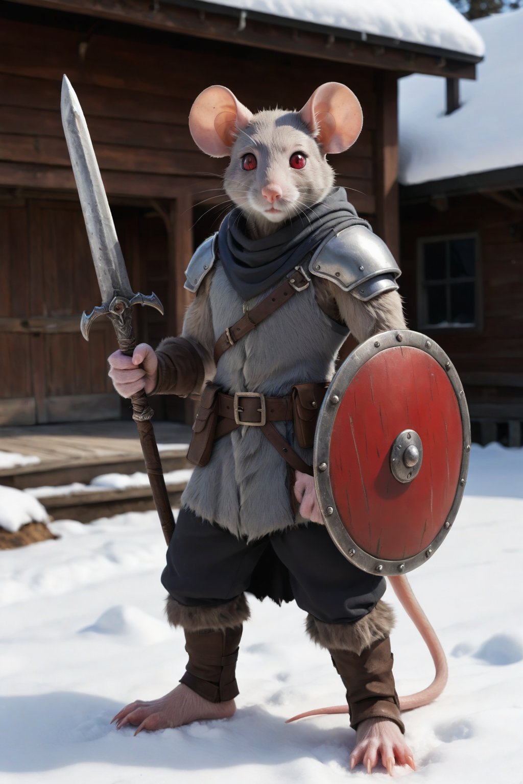 solo,looking at audience,red eyes,1boy,animal ears,standing,male focus,shabby house,day animal,furry,snow,1 other,colored sclera,mouse ears,vambrace,furry male,mouse tail ,rat,beard,year rat's
,shield,weapon