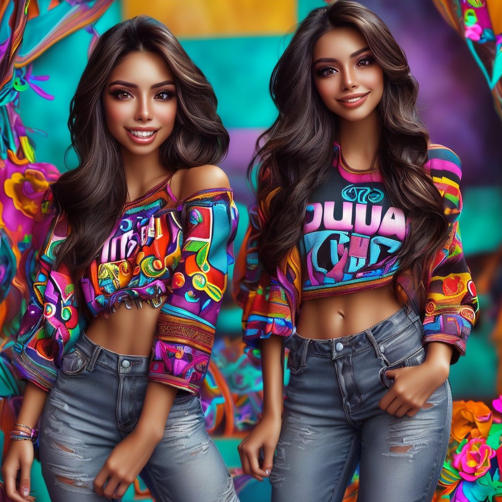 A 25-year-old Latina woman with long straight brown hair, youthful casual clothing, and normal makeup, exudes cheerful excitement as she stands against a backdrop of vibrant, contrasting colors. Her slim physique is accentuated by her confident pose, with colorful accessories adding a pop of personality. The image is centered, with no bodily protrusions, and features ultra-realistic details, including HD-quality lighting that highlights her facial features.