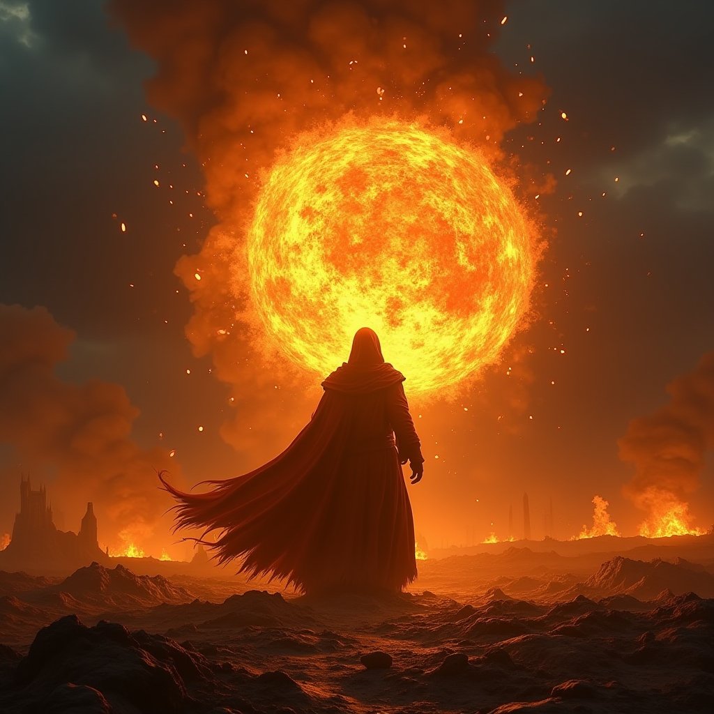 mythp0rt, A formidable mage, garbed in flowing, ember-glowing robes, stands at the center of a desolate, scorched battlefield. The mage channels a blazing fireball, its searing flames illuminating the dark, smoke-filled air with intense, flickering light. The scene is charged with a fierce, elemental energy and a sense of impending destruction. Rendered in a Photographic style with a 135mm lens, capturing the fiery explosionâs vivid details and dramatic contrasts.