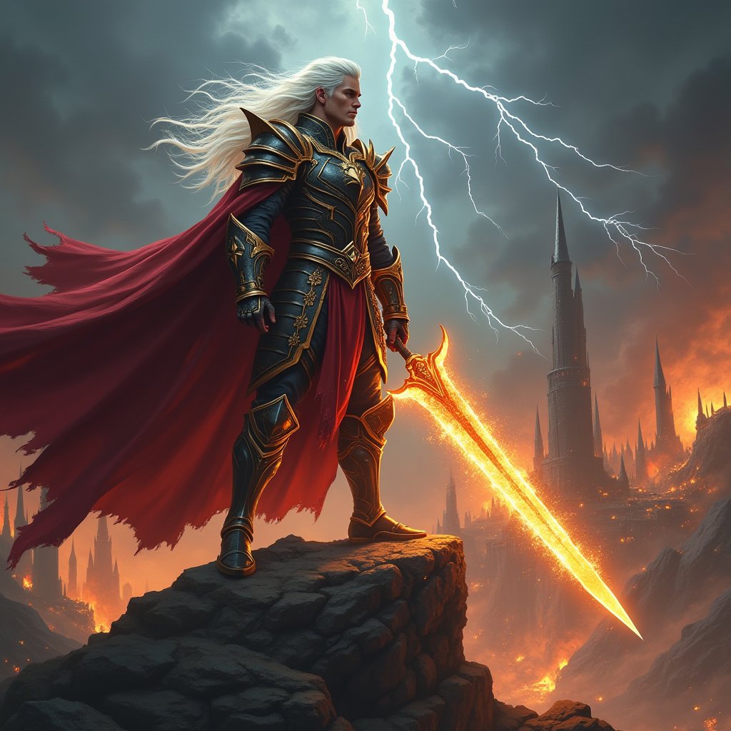 A formidable warrior stands atop a rocky outcrop, silhouetted against a backdrop of chaos and destruction. He is clad in ornate, golden-trimmed armor that gleams with an otherworldly light. His long white hair flows dramatically in the wind, framing a face set with determination. In his hand, he wields a massive, glowing sword that crackles with magical energy. The blade seems to be forged from pure fire, its orange light illuminating the surrounding darkness. Behind him, a city of towering spires burns, lightning streaks across the sky, and pillars of flame erupt from the ground. The warrior's crimson cape billows majestically, adding to his heroic presence. This image captures a moment of epic confrontation, blending elements of high fantasy, magic, and apocalyptic imagery to create a scene of a lone champion facing overwhelming odds in a world on the brink of destruction