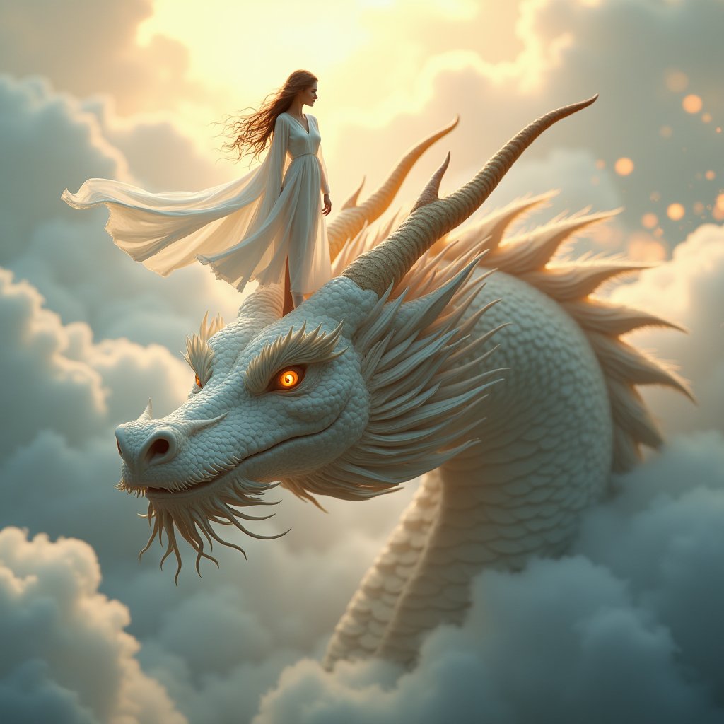 A close-up of an Eastern dragon's head partially visible, emerging swiftly from thick clouds with dynamic motion blur that emphasizes the sense of speed. Standing confidently on the dragon's head between its two large horns is a beautiful fairy, who is the central focus of the image. She is dressed in flowing white robes that billow dramatically in the wind, adding a sense of grace and ethereal movement. Her expression is one of unwavering determination, her eyes fixed forward with a strong, resolute gaze. The dragon’s head is only partially shown to emphasize the fairy as the main subject, with its intricate scales and glowing eyes partially visible, adding a sense of power and mysticism. The background features swirling clouds illuminated by a soft, golden light from the setting sun, enhancing the dreamlike, mythical atmosphere of the scene. The entire image is captured in a hyper-realistic style with ultra-fine details, showcasing every texture of the fairy's flowing robes and the dragon's scales. The use of high contrast and vibrant colors adds to the dramatic effect, creating a high-quality, fantastical depiction that combines realism with a sense of magic and mythology. The scene conveys a powerful and enchanting moment, filled with motion and mythical beauty.