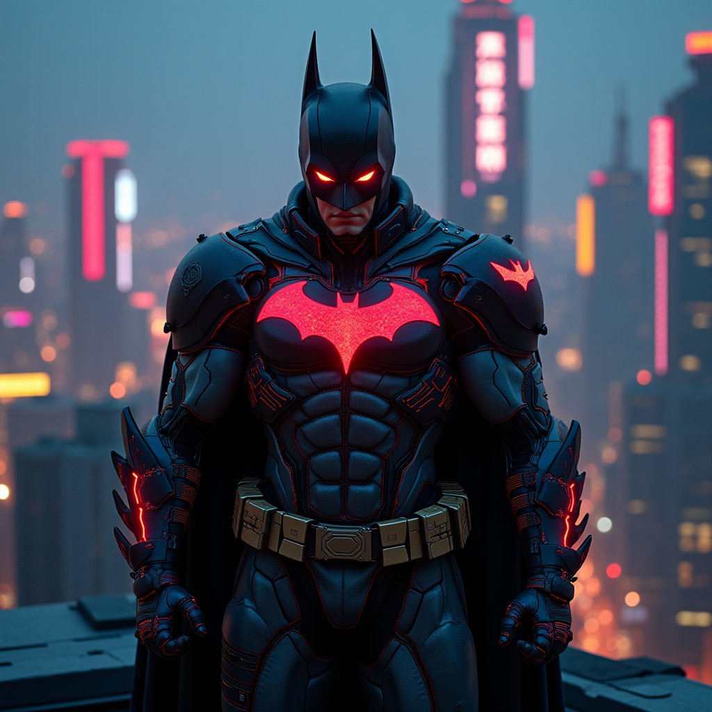 epirezumiworld, science fiction cyberpunk epirezumiworld batman in cybernetic futuristic bulky armour with full face mask and helmet red neon accents on top of a roof in a epirezumiworld city with neon lights, at night,