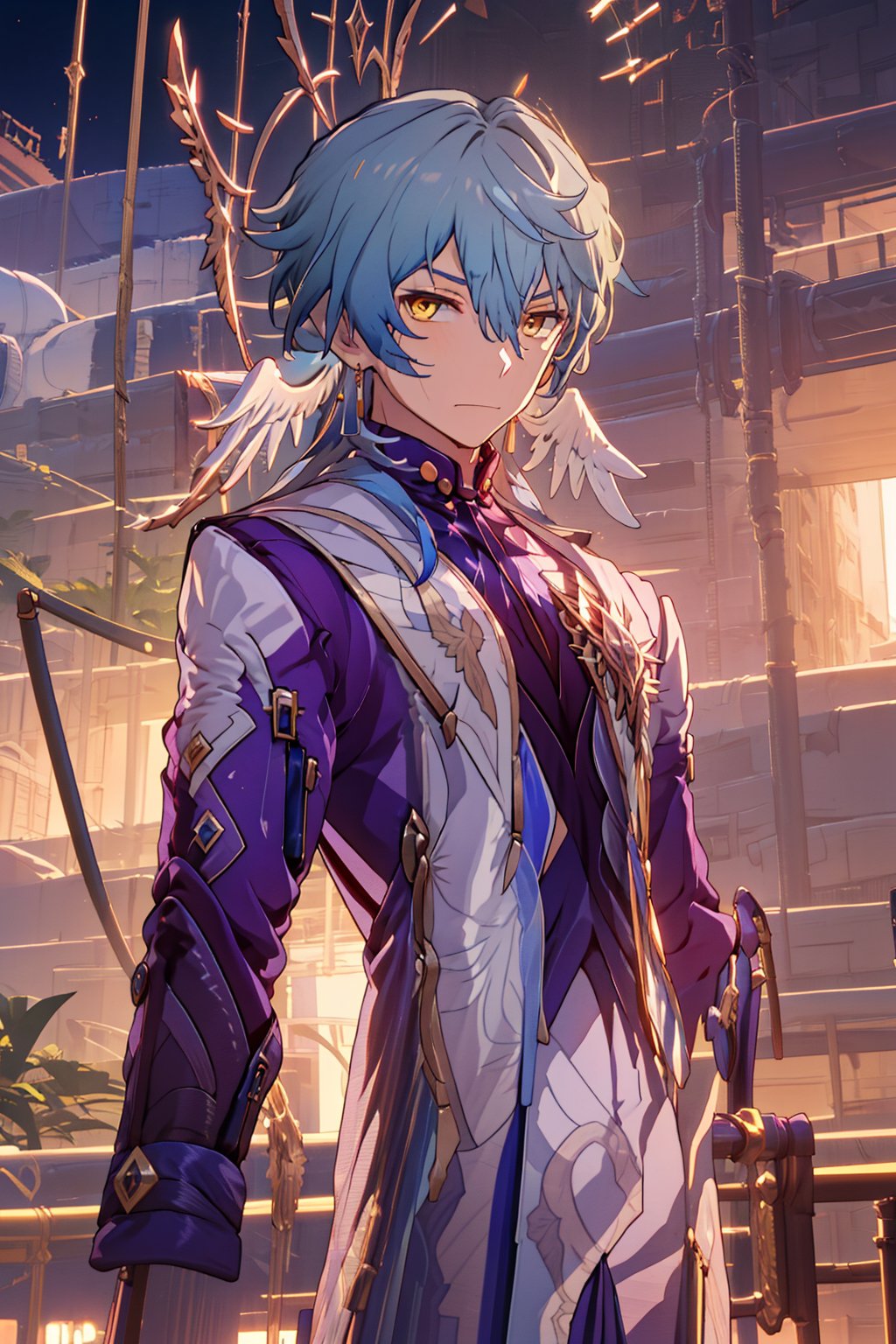 /Sunday//,1boy,hair between eyes,solo,looking at viewer,long hair,bangs,jewelry,gloves,hair between eyes,closed mouth,blue hair,yellow eyes,male focus,outdoors,pants,white, gloves,vest,coat,night,Serious eyes,HEAD WINGS,robin,white skirt, student uniform,