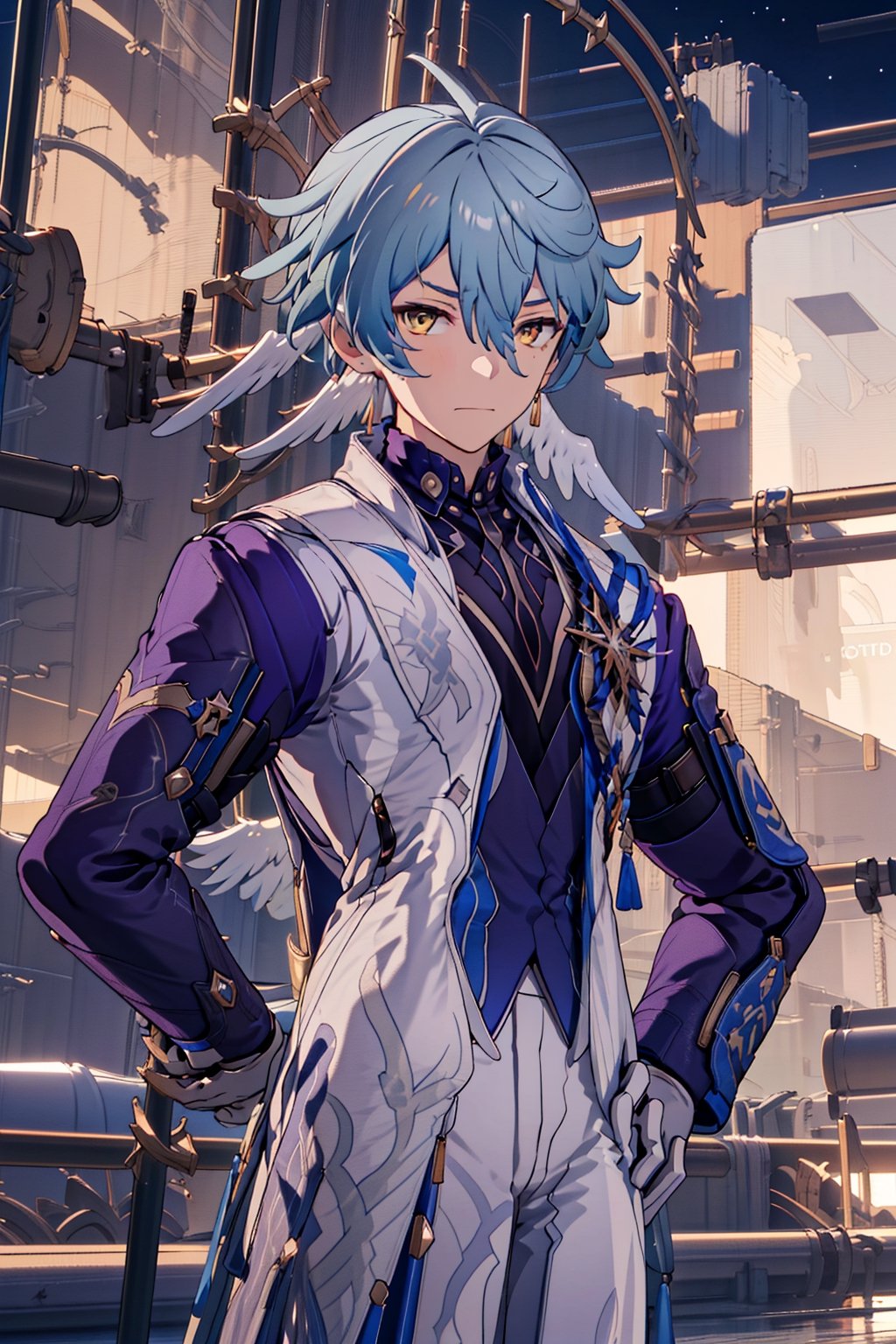 /Sunday//,1boy,hair between eyes,solo,looking at viewer,long hair,bangs,jewelry,gloves,hair between eyes,closed mouth,blue hair,yellow eyes,male focus,outdoors,pants,white, gloves,vest,coat,hand on hip,night,white pants,white coat,Serious eyes,HEAD WINGS,robin