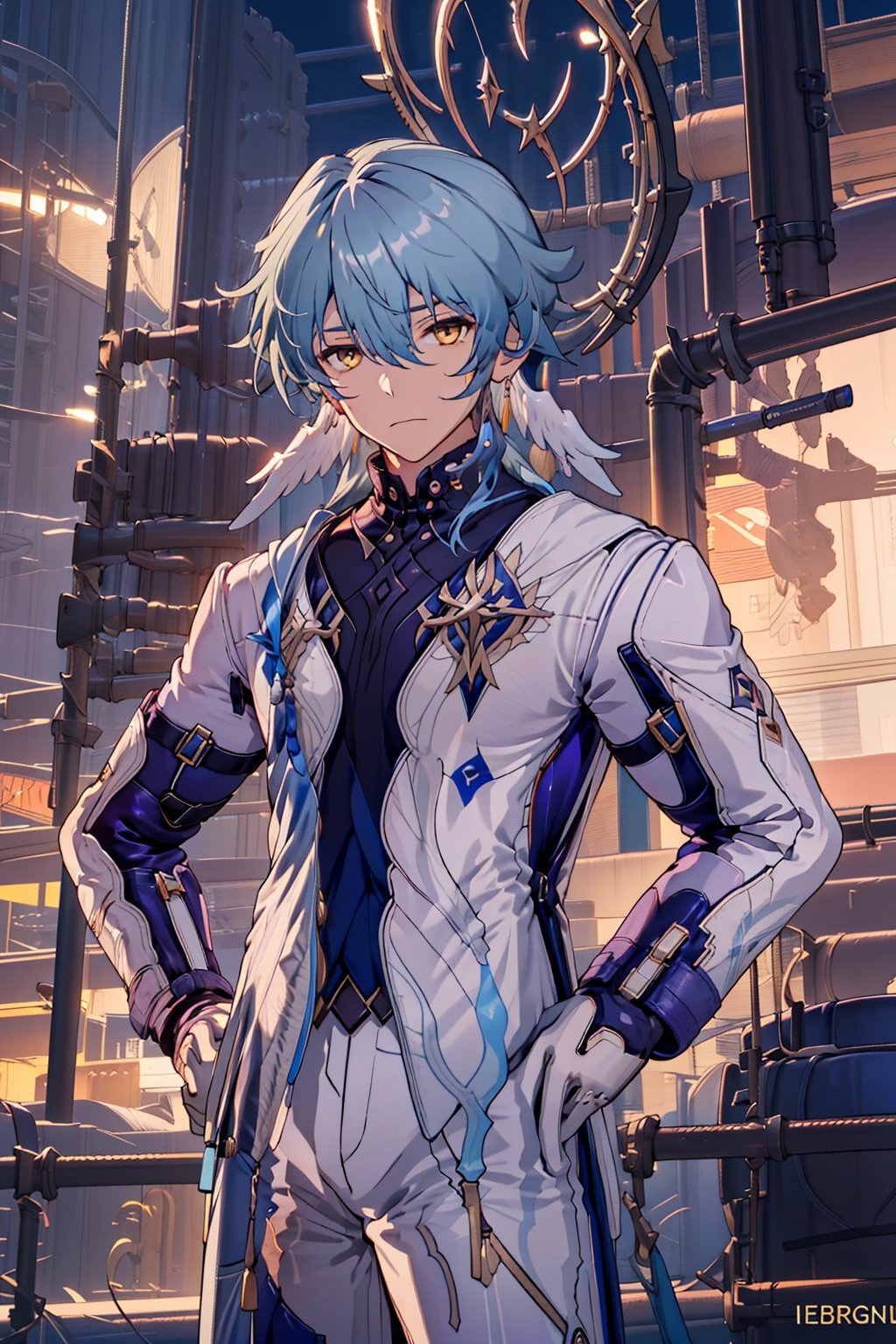 /Sunday//,1boy,hair between eyes,solo,looking at viewer,long hair,bangs,jewelry,gloves,hair between eyes,closed mouth,blue hair,yellow eyes,male focus,outdoors,pants,white, gloves,vest,coat,hand on hip,night,white pants,white coat,Serious eyes,HEAD WINGS,robin