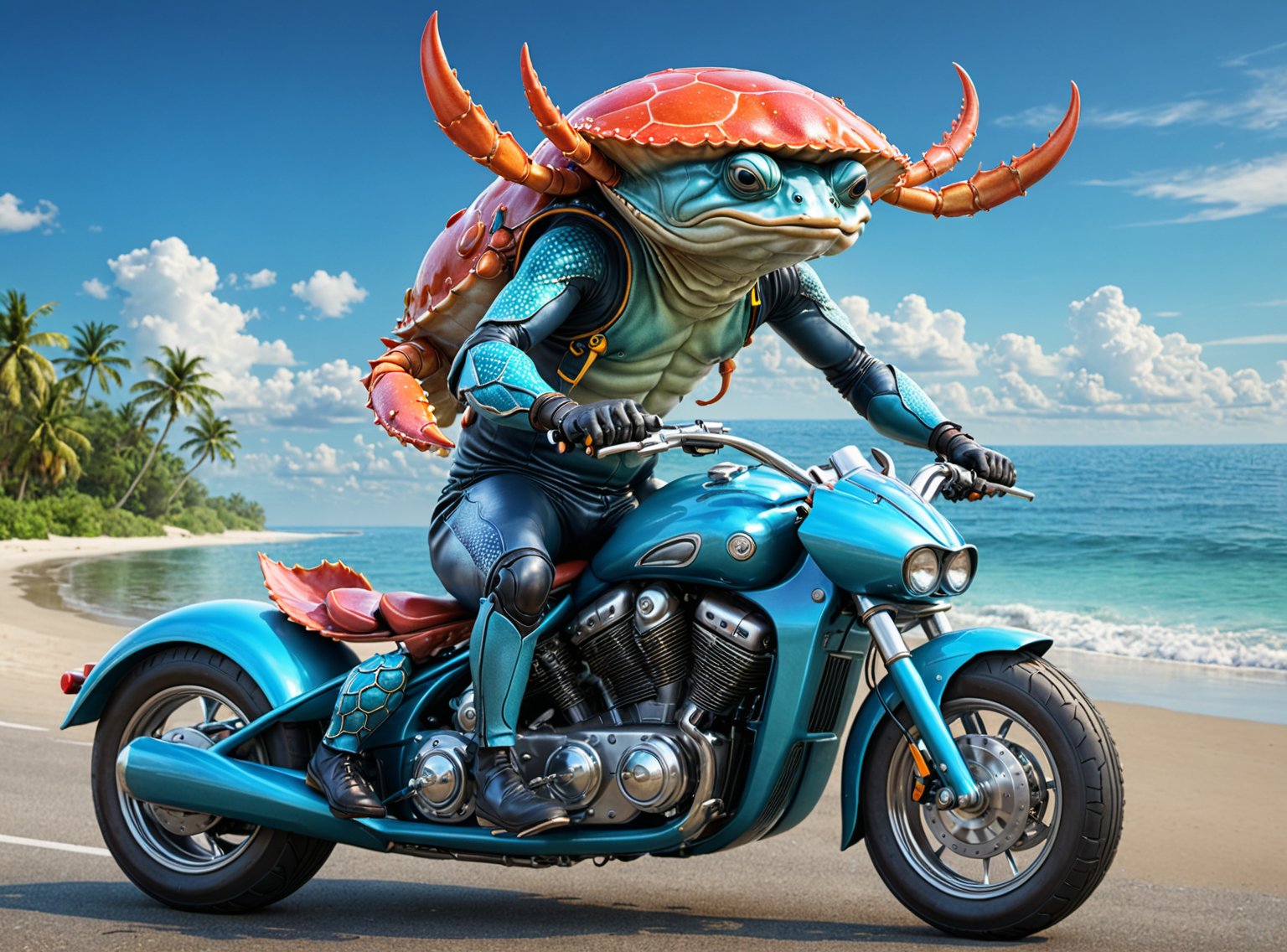 Create a vibrant 3d illustration of a heavy bike made from sting ray stings and a crab is riding it with burger helmet on his head. He is riding this heavy bike on coastal areas and patrolling nearby.