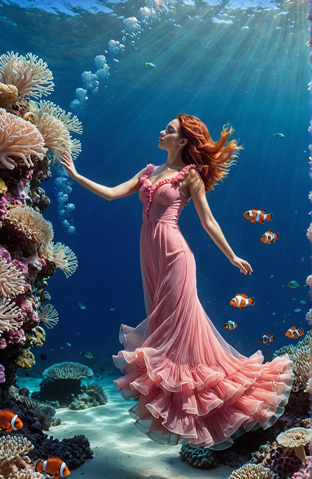 Create an image of a woman, her form gracefully submerged in the aquatic environment, wearing an elaborate pink dress with ruffled layers reminiscent of coral or sea anemones. Her long, flowing red hair fans out around her head, creating an ethereal effect as if weightlessly drifting in the water. The backdrop is a deep blue ocean with subtle depth gradients and filtered sunlight casting tranquility. A group of clownfish swim nearby on the right side of the image, their vibrant colors contrasting against the blue expanse. Balance elegance and natural beauty by seamlessly blending the woman's dress with the underwater world. Focus on interplay of colors, textures, and forms without textual distractions. Use a Canon EOS 5D Mark IV camera to capture the scene, emphasizing delicate details of the dress and marine surroundings.