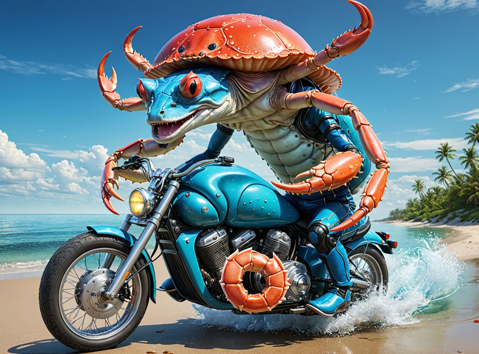 Create a vibrant 3d illustration of a heavy bike made from sting ray stings and a crab is riding it with burger helmet on his head. He is riding this heavy bike on coastal areas and patrolling nearby.