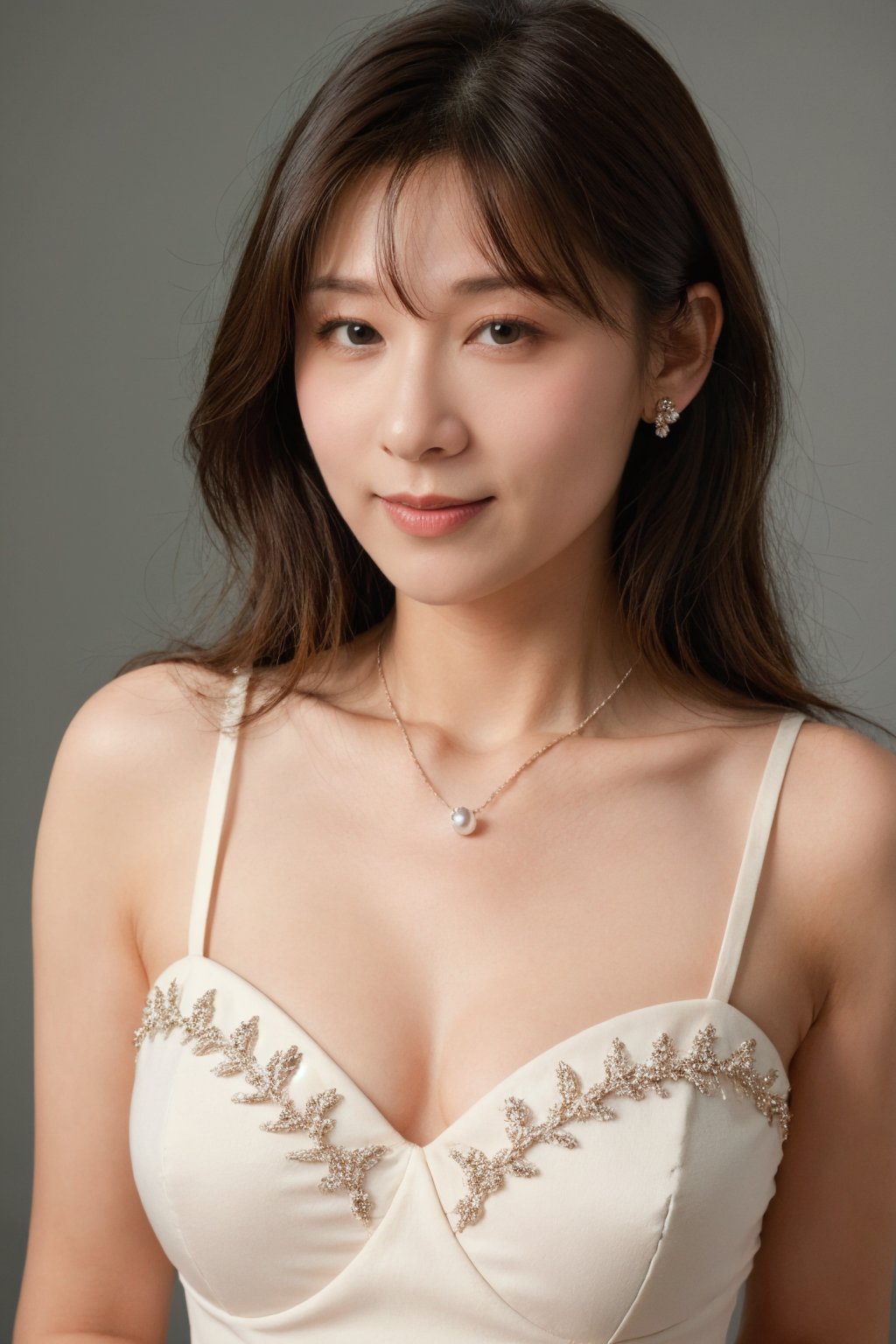 (masterpiece, 4k, best quality, highly detailed, 1girl, solo),1girl, jewelry, breasts, solo, earring, black hair, cleavage,dress, necklace, looking at viewer, dress, long hair,upper body, parted lips, rose, bangs, collarbone, grey background, big breasts, black eyes, pearl necklace, large breasts, see-through, hair between eyes, brown eyes, blush, midjourney, Colorful portraits,

