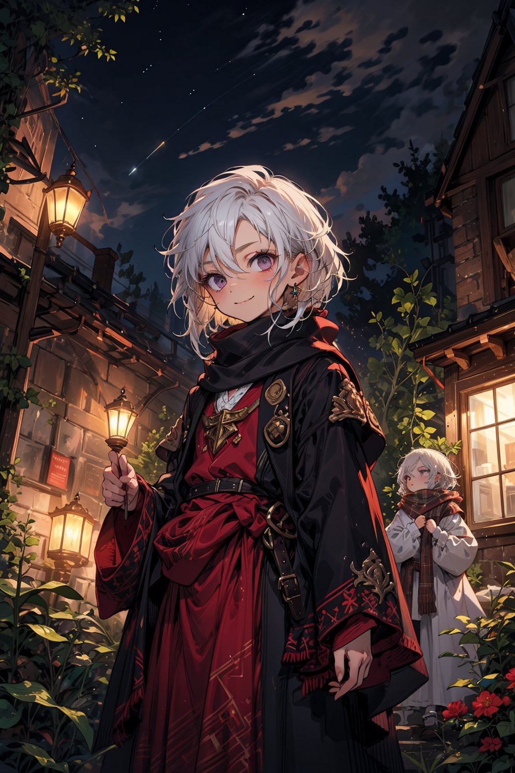 young_person, small_person, androgynous_look, flat_chest, white_hair, shoulder_length_hair, dark_eyes, uncertain_smile, very_slim, very_thin, close_up, fantasy_clothes, victorian_clothes, garden, night, dark_sky, small_body, white_robe, hermaphroditic_look, hermaphrodite, white_clothes, gold_marks, scarf, longer_hair