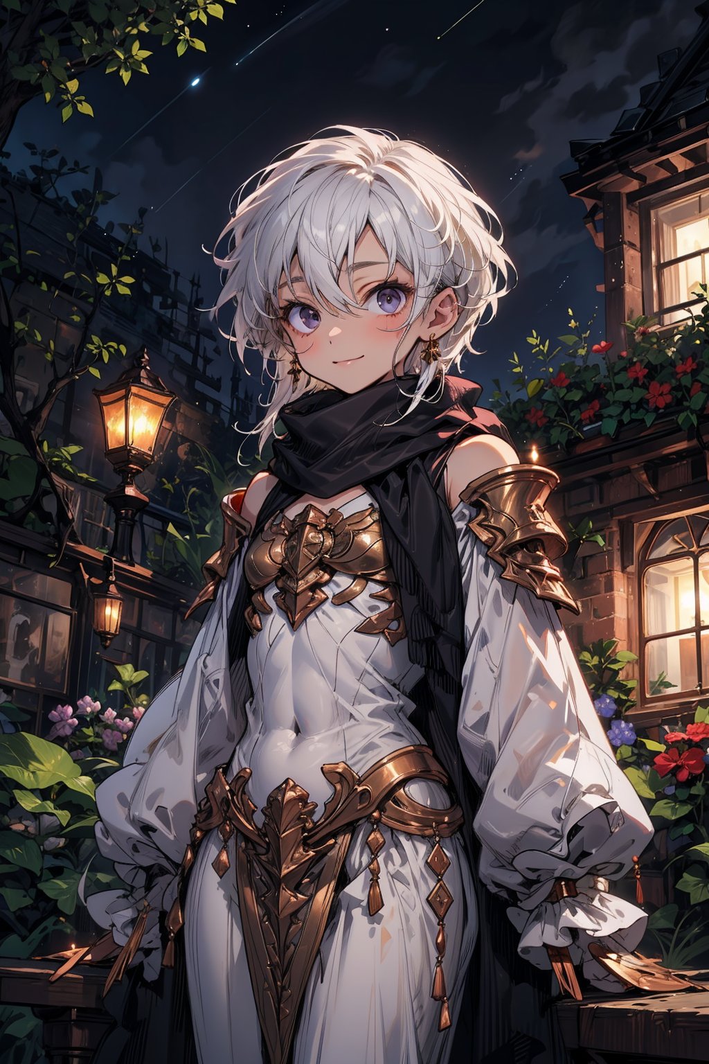 young_person, small_person, androgynous_look, flat_chest, white_hair, shoulder_length_hair, dark_eyes, uncertain_smile, very_slim, very_thin, close_up, fantasy_clothes, victorian_clothes, garden, night, dark_sky, small_body, white_robe, hermaphroditic_look, hermaphrodite, white_clothes, gold_marks, scarf, longer_hair