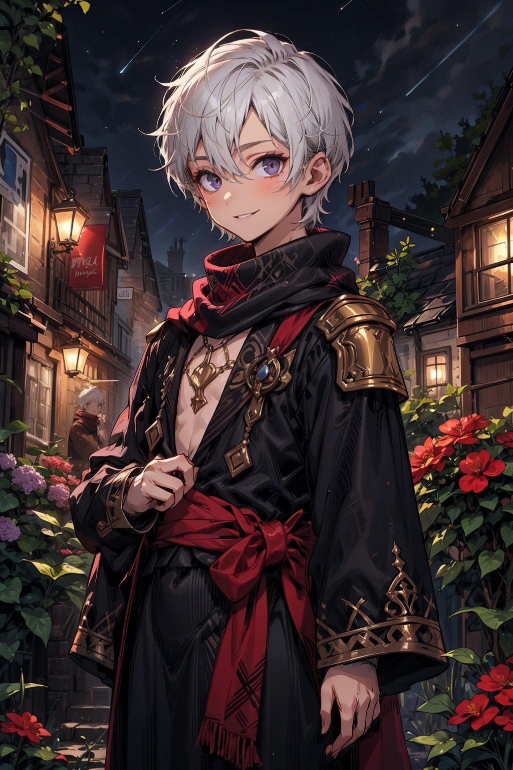 young_person, small_person, androgynous_look, flat_chest, white_hair, shoulder_length_hair, dark_eyes, uncertain_smile, very_slim, very_thin, close_up, fantasy_clothes, victorian_clothes, garden, night, dark_sky, small_body, white_robe, hermaphroditic_look, hermaphrodite, white_clothes, gold_marks, boyish_look, young_boy, tomboy, scarf, very short hair