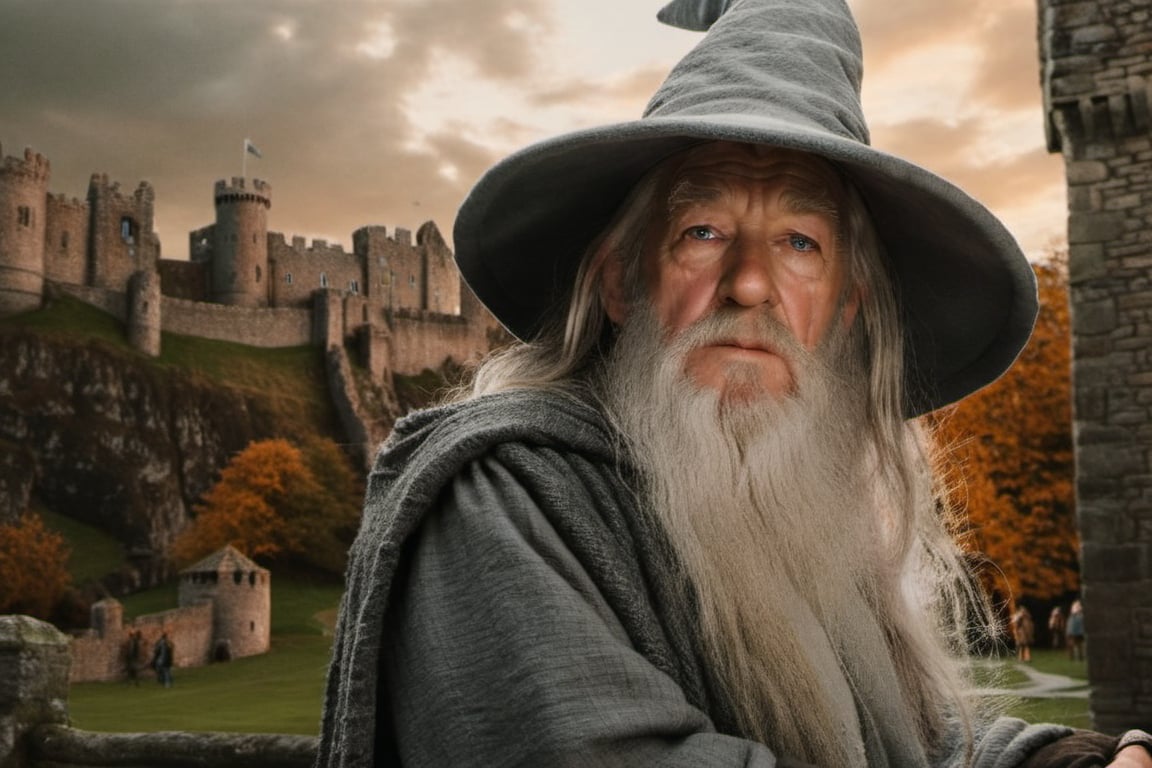 Recreates the realistic image of Gandalf the Grey, looking from the side, close-up, with a castle in the background