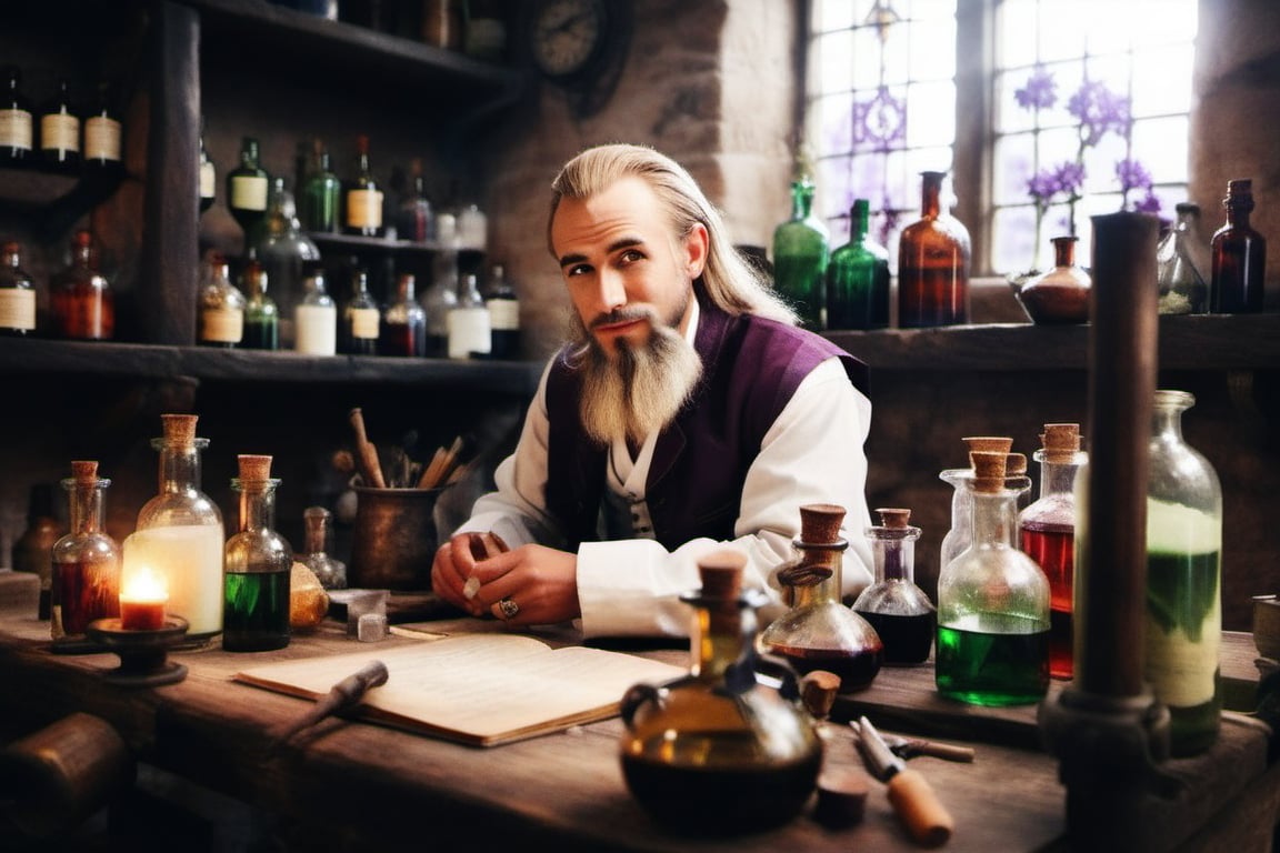 create a realistic image of an alchemist sitting at his work table, working on a potion, head-on photo,