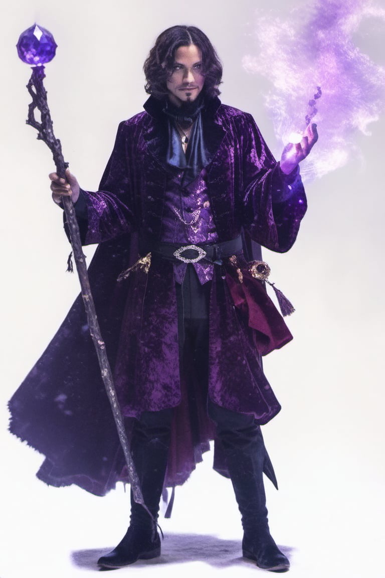 image of a magician, dark element, dressed in metallic violet, with a staff with a precious stone at its tip, violet in color, and in his hand a violet fire, in the background a shadowy forest, with fog and faint ghostly figures that are drawn in the air