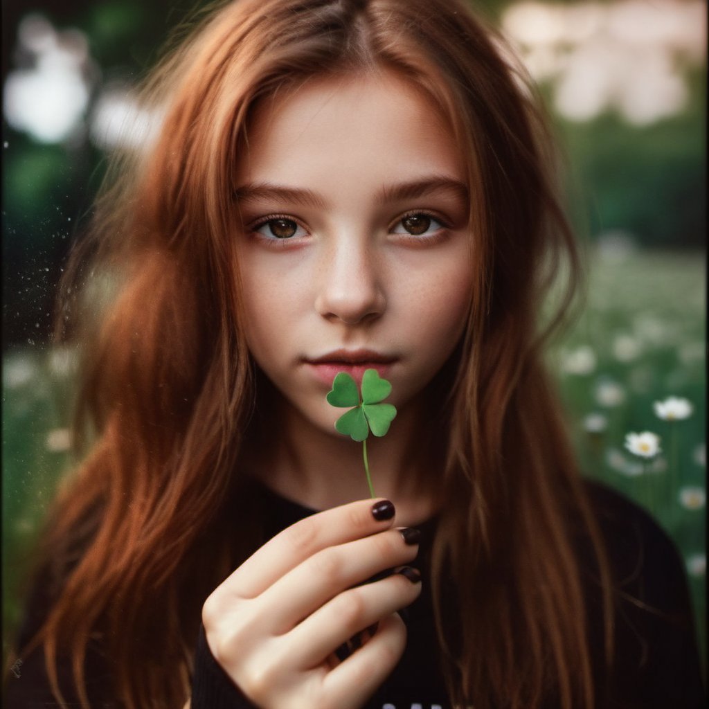realistic image of 1 girl, straight brown hair, light brown eyes, black t-shirt, close-up, holding a 4-leaf clover in hand, meadow background with daisies