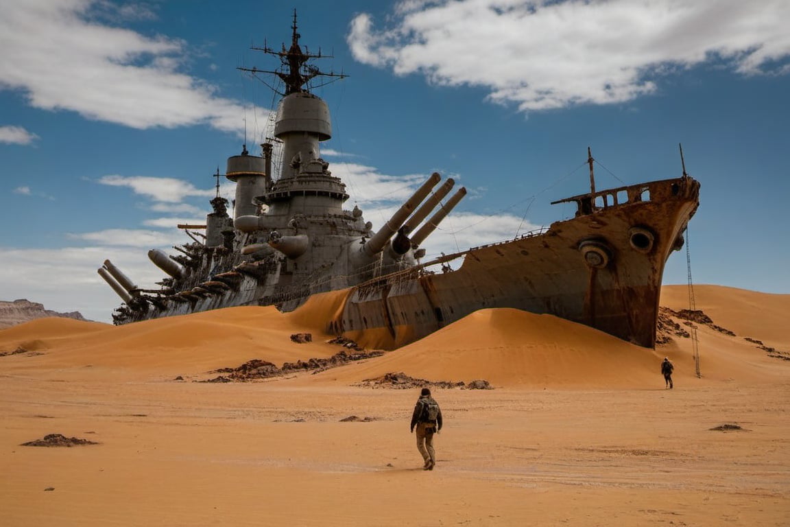 Warship (Battleship), listing, stranded in a desert, rusty wreck, apocalyptic landscape, a man passes by the site