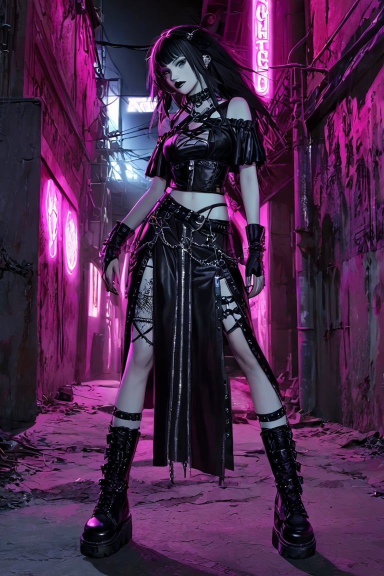 Style: Gothic, Fantasy
Lighting: Neon Lighting, Dark Shadows
Camera: Full Body View
Color: Black, Purple, Gothic Accents
Effect: Edgy, Contrasting
Material: Leather, Chains
Action: Confidence
Backdrop: Industrial Alleyway
Rendering: Hyper-realistic
Artist: By Victoria Frances

Description: Create a bold artwork featuring a goth girl in a bikini, set in an industrial alleyway illuminated by neon lighting and dark shadows. Utilize a full-body view camera angle to showcase the edgy and contrasting elements of the character's attire and environment. The color palette should include black, purple, and gothic accents, adding a dark and mysterious vibe to the scene. Embrace the edgy effect to highlight the confidence and attitude of the goth girl in the bikini. Incorporate leather and chains as materials to enhance the gothic aesthetic and add a sense of toughness to the character's look. Set the action in an industrial alleyway backdrop, with neon lighting casting dramatic shadows and creating a visually striking atmosphere. Render the artwork in a hyper-realistic style to capture the intricate details and textures of the goth girl's outfit and the gritty urban setting. This piece should exude confidence, edginess, and a unique blend of gothic fashion and industrial aesthetics, inspired by the artistic flair of Victoria Frances.```,Gothic