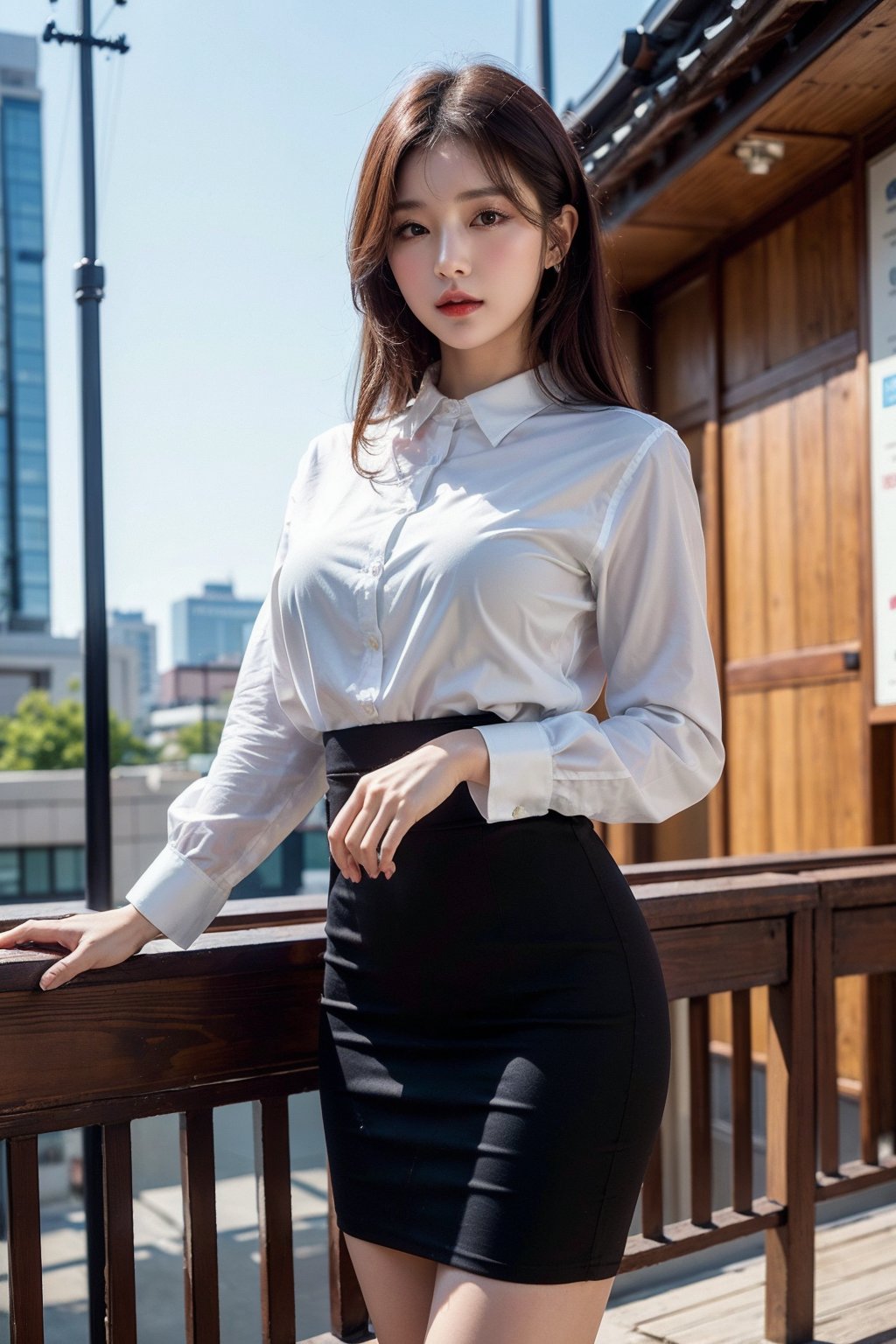 (Best quality, 8k, 32k, masterpiece, UHD:1.2), pretty korea woman photo, 1woman, Highest quality, highest quality, today's work look, daily look, everyday clothes, background is urban background, morning city, clean city, Korea, Korean lady, Korean beauty, Korean office worker