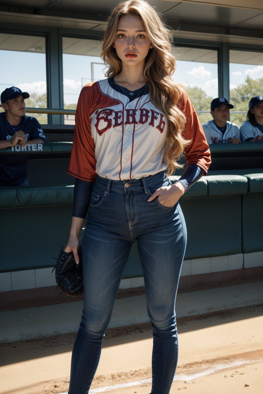 full body portrait of a (photorealistic beautiful woman), (spectating a baseball game:1.5), hands in pockets:1.25, staring at camera in front, intense coloration fantasy, light hair, random colored hair, random color eyes, full body, cover, Bar lighting,  complex, 8k resolution concept art portrait,  hyperrealistic cover photo 
 realistic, cinematic, real-life human,missionary