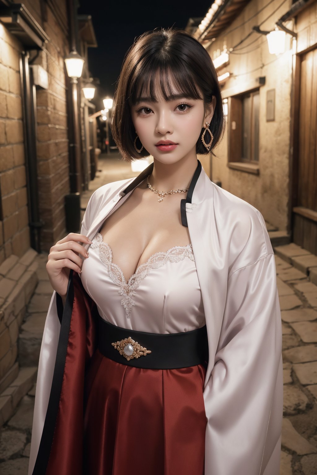 Best Quality, Aesthetics, Ultrafine, Complex Details, 4K, Animation Style, Outtis, Girl, Brown/Blonde, Black Eyes, Short Hair, Bangs, Jewels, Earrings, Piercing, Dark Skin, Big Chest, Cowboy Shot, Viewers, Alley, Outdoor, Red hanbok, Snowy Alley, Night,Breath, blush, 