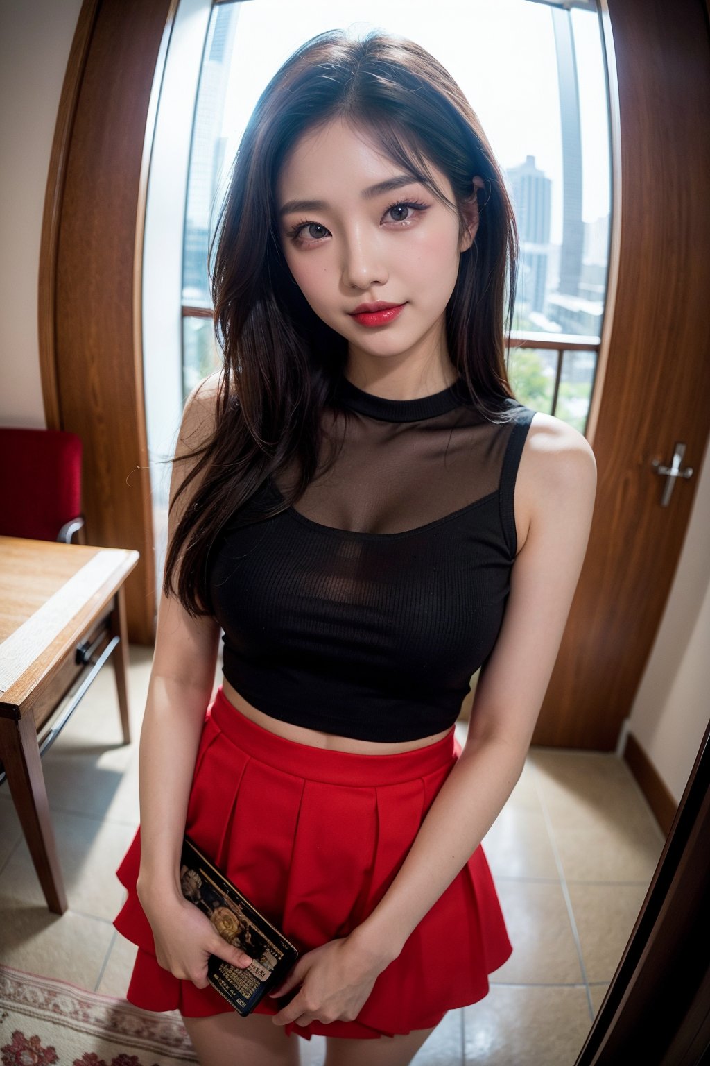 RAW full-body photo, (Fisheye View Effect: 1.2), view below,
18-year-old gravure model, perfect body, 1 girl, most beautiful Korean girl, red lips, blush,  a fancy skirt,  Korean beauty model, beautiful girl, beautiful girl, big eyes, big smile, viewer, a mole on one's nose,
RAW full-body photo, (Fisheye View Effect: 1.2), view