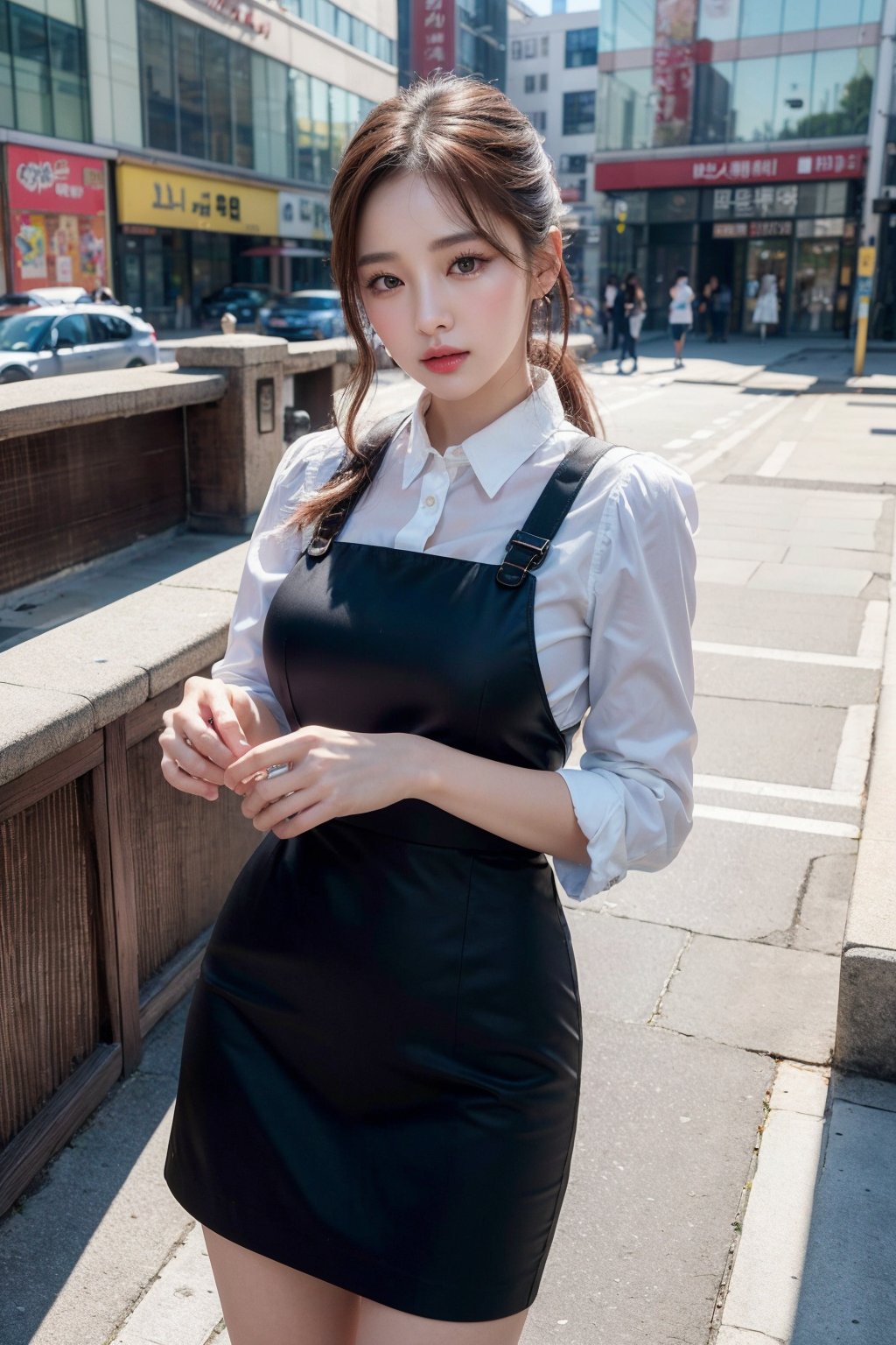 (Best quality, 8k, 32k, masterpiece, UHD:1.2), pretty korea woman photo, 1woman, Highest quality, highest quality, today's work look, daily look, everyday clothes, background is urban background, morning city, clean city, Korea, Korean lady, Korean beauty, Korean office worker