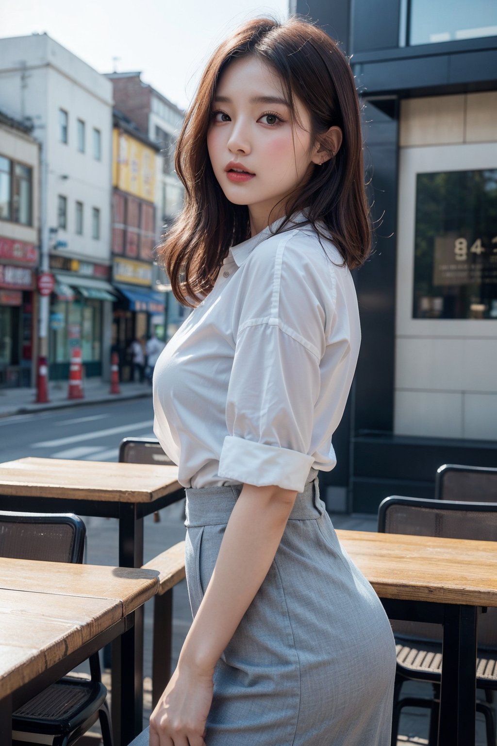 (Best quality, 8k, 32k, masterpiece, UHD:1.2), pretty korea woman photo, 1woman, Highest quality, highest quality, today's work look, daily look, everyday clothes, background is urban background, morning city, clean city, Korea, Korean lady, Korean beauty, Korean office worker