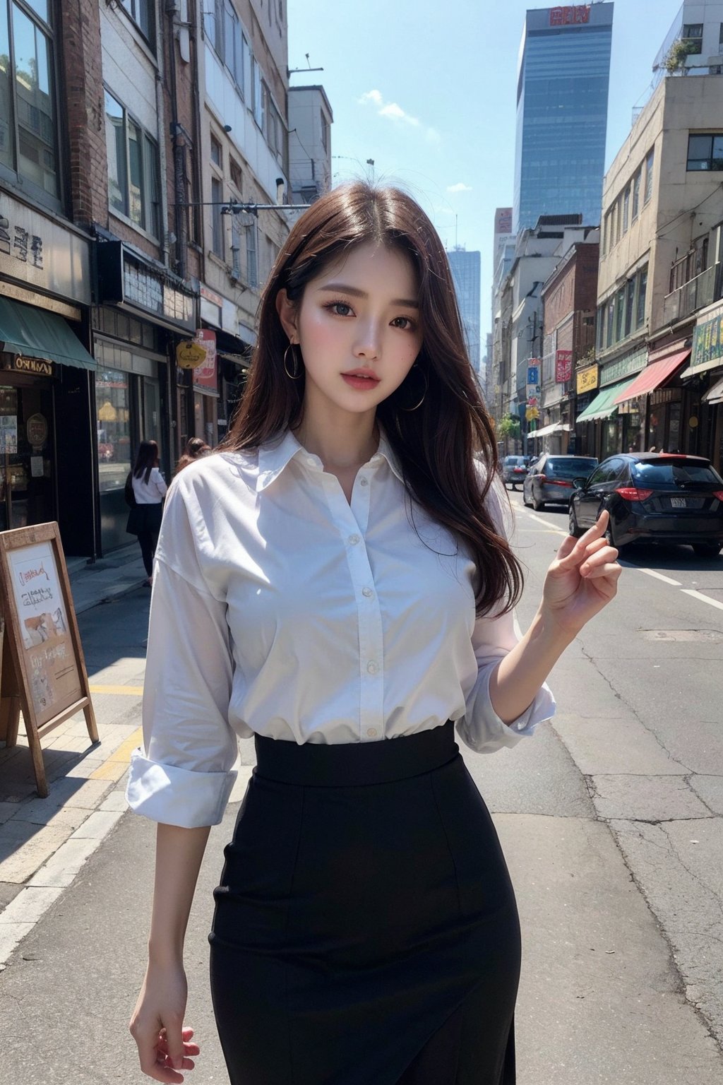 (Best quality, 8k, 32k, masterpiece, UHD:1.2), pretty korea woman photo, 1woman, Highest quality, highest quality, today's work look, daily look, everyday clothes, background is urban background, morning city, clean city, Korea, Korean lady, Korean beauty, Korean office worker