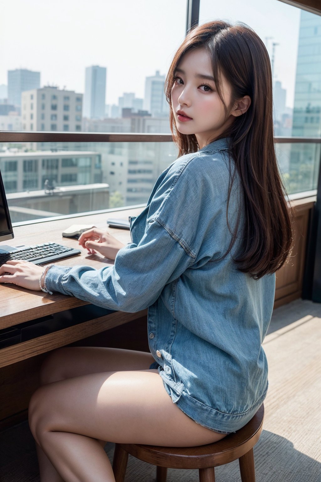 (Best quality, 8k, 32k, masterpiece, UHD:1.2), pretty korea woman photo, 1woman, Highest quality, highest quality, today's work look, daily look, everyday clothes, background is urban background, morning city, clean city, Korea, Korean lady, Korean beauty, Korean office worker