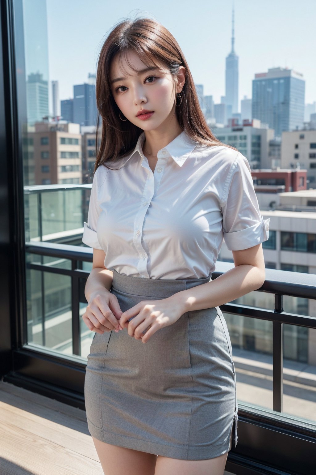 (Best quality, 8k, 32k, masterpiece, UHD:1.2), pretty korea woman photo, 1woman, Highest quality, highest quality, today's work look, daily look, everyday clothes, background is urban background, morning city, clean city, Korea, Korean lady, Korean beauty, Korean office worker